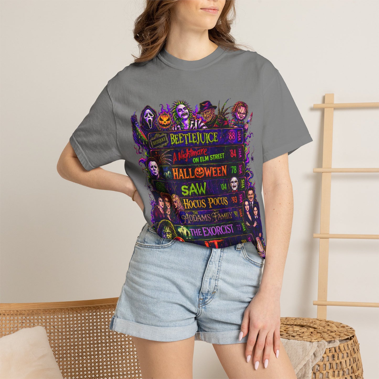 Halloween Horror Movies T-Shirt — Classic Scary Film Collage (Beetlejuice, Hocus Pocus, IT, Halloween)
