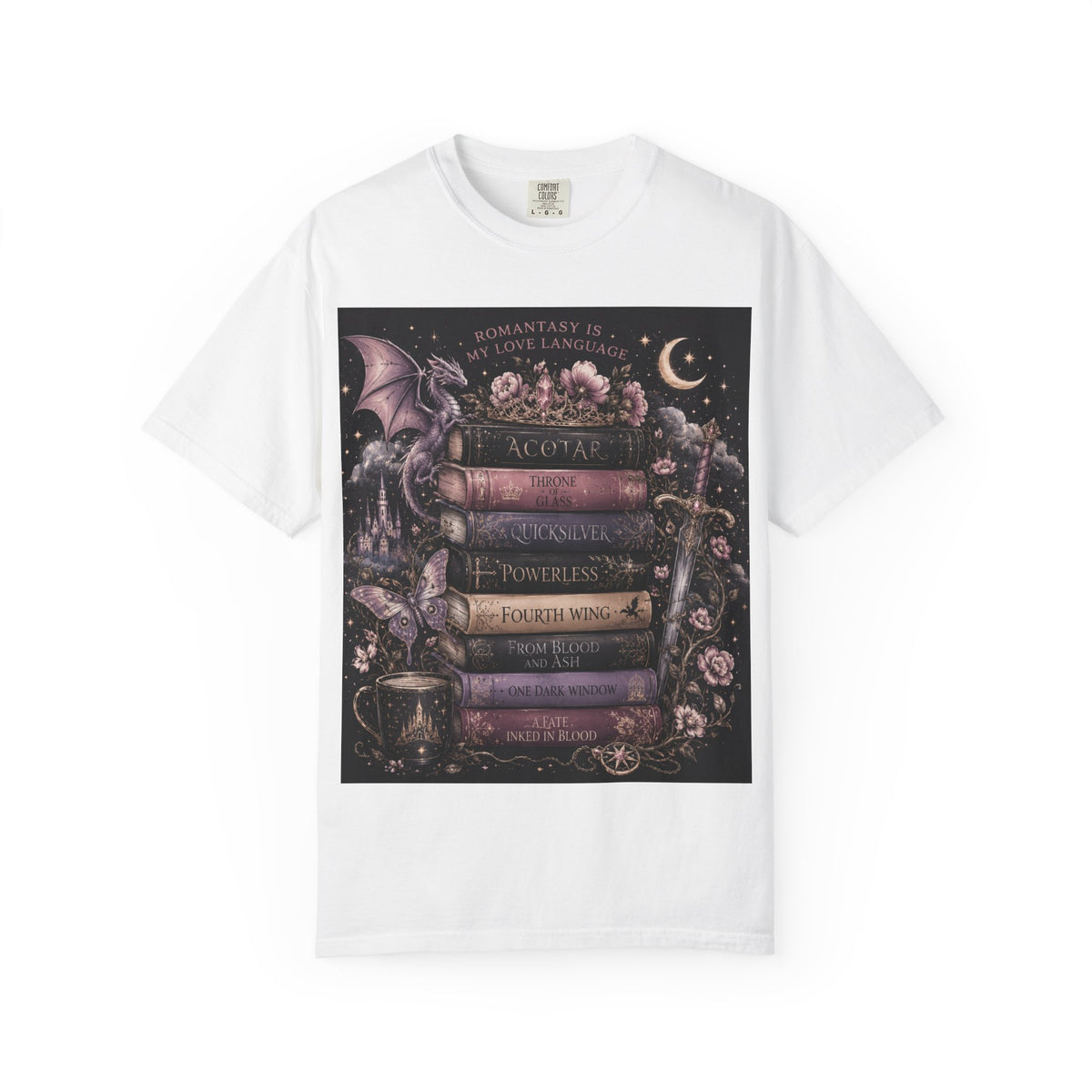 Romantasy Mystical Bookshelf T-Shirt — Stacked Fantasy Book Tee