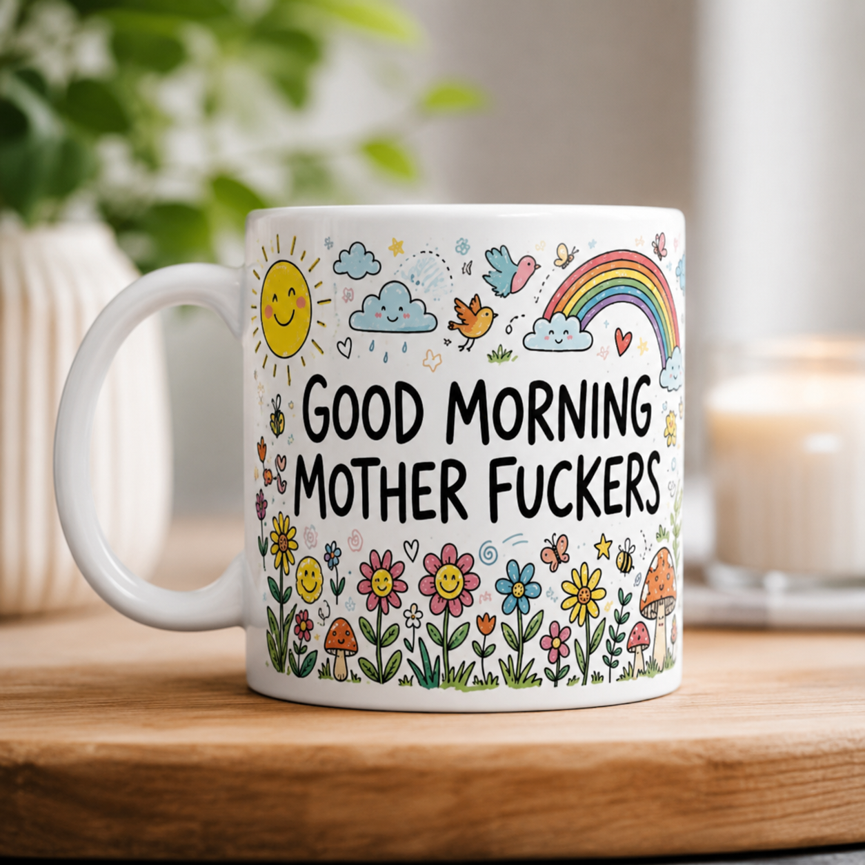 Funny Ceramic Mug — “Good Morning Mother Fuckers” Floral Rainbow Coffee Cup