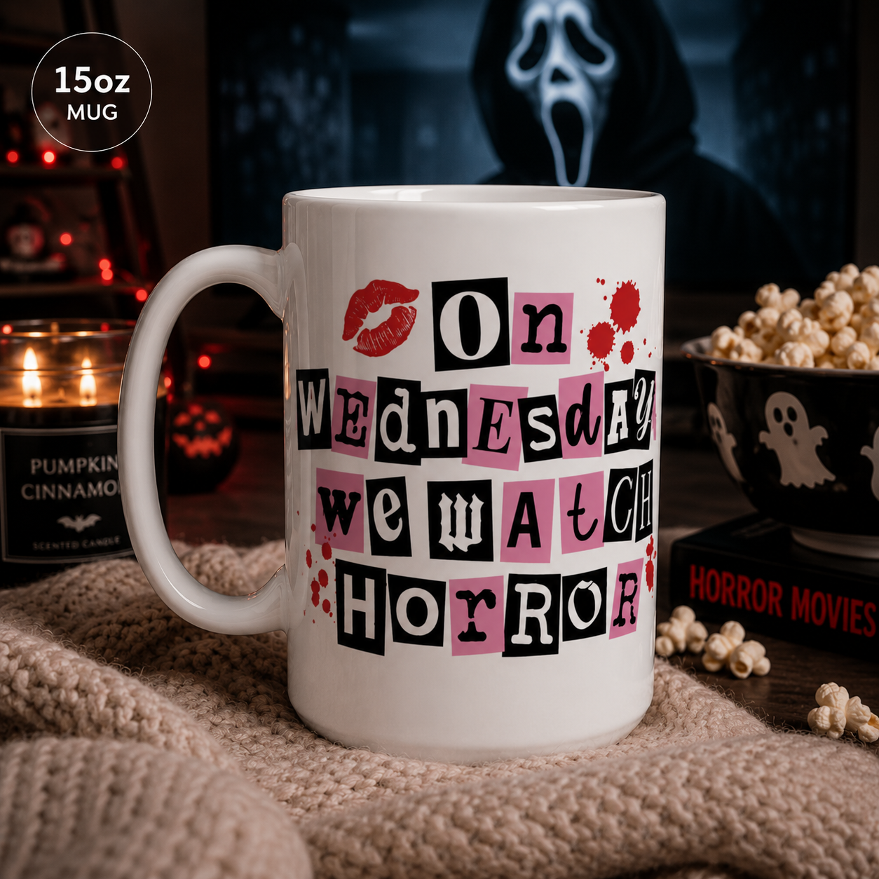 15oz Mug — "On Wednesdays We Watch Horror" Pink & Black Ransom-Style Horror Coffee Mug