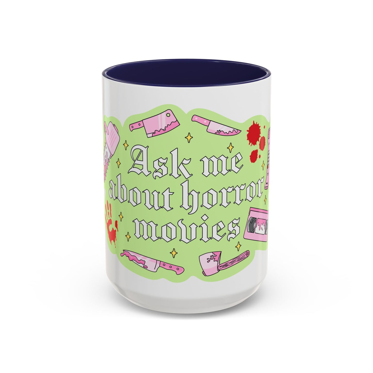 Ask Me About Horror Movies Mug — Retro Pink & Green Accent Coffee Mug (11/15oz)