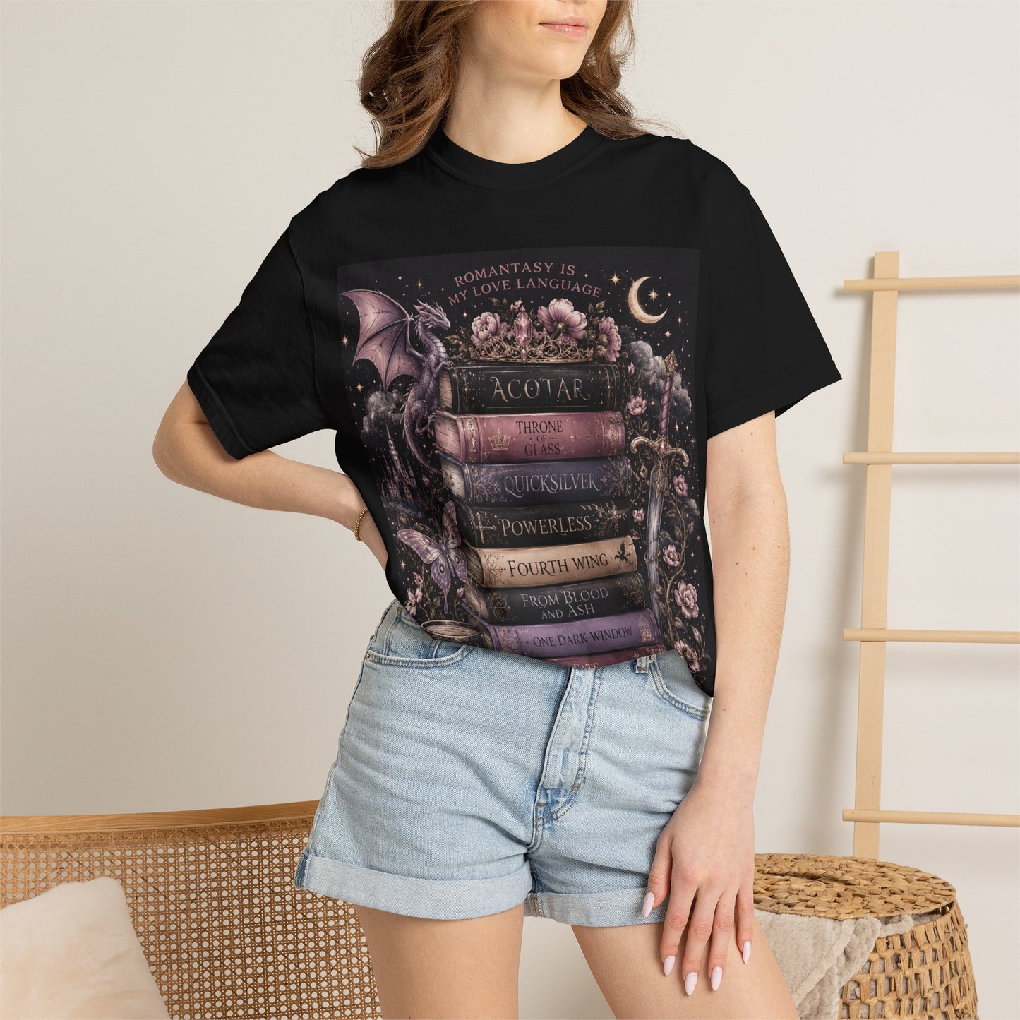 Romantasy Mystical Bookshelf T-Shirt —  Stacked Fantasy Book Tee