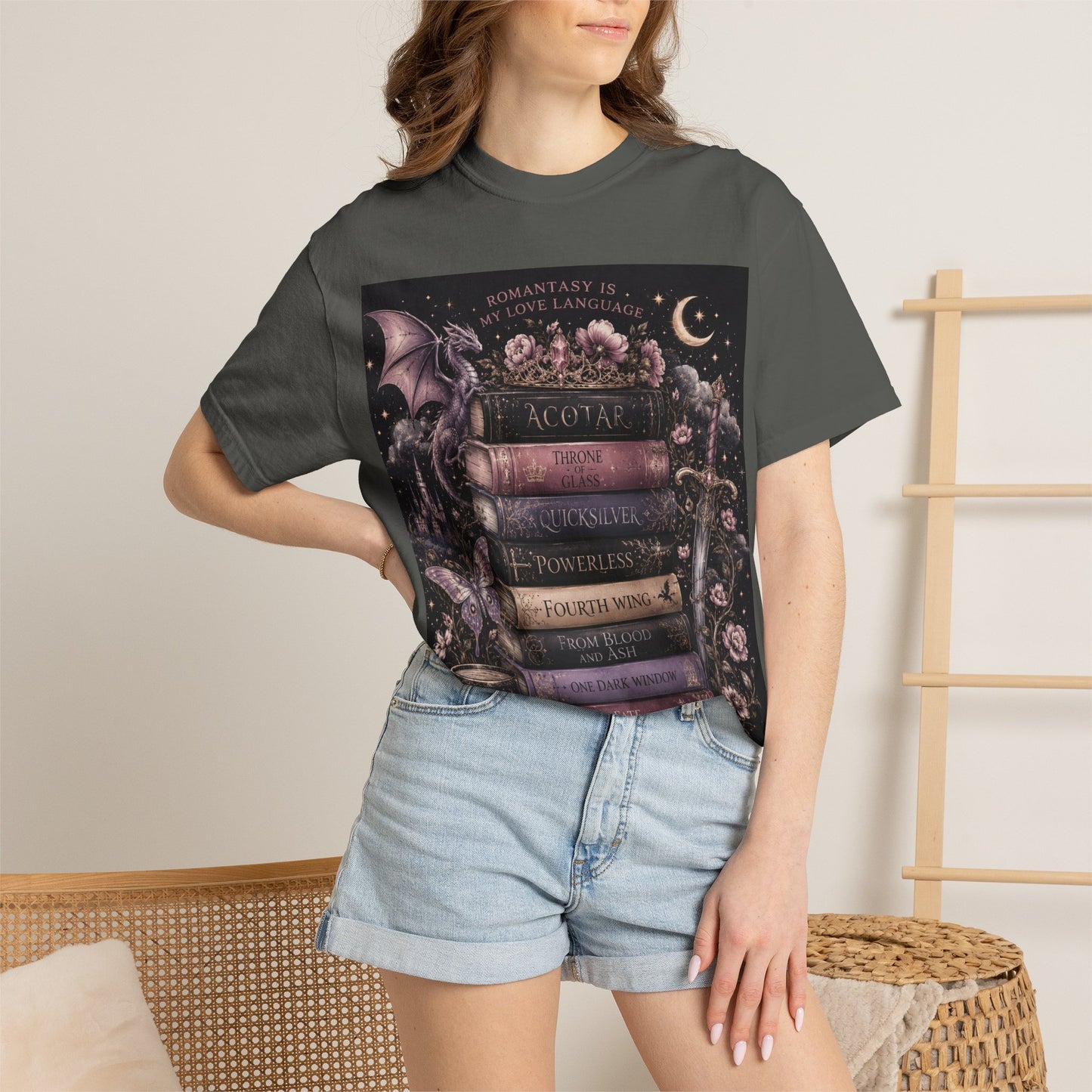 Romantasy Mystical Bookshelf T-Shirt —  Stacked Fantasy Book Tee