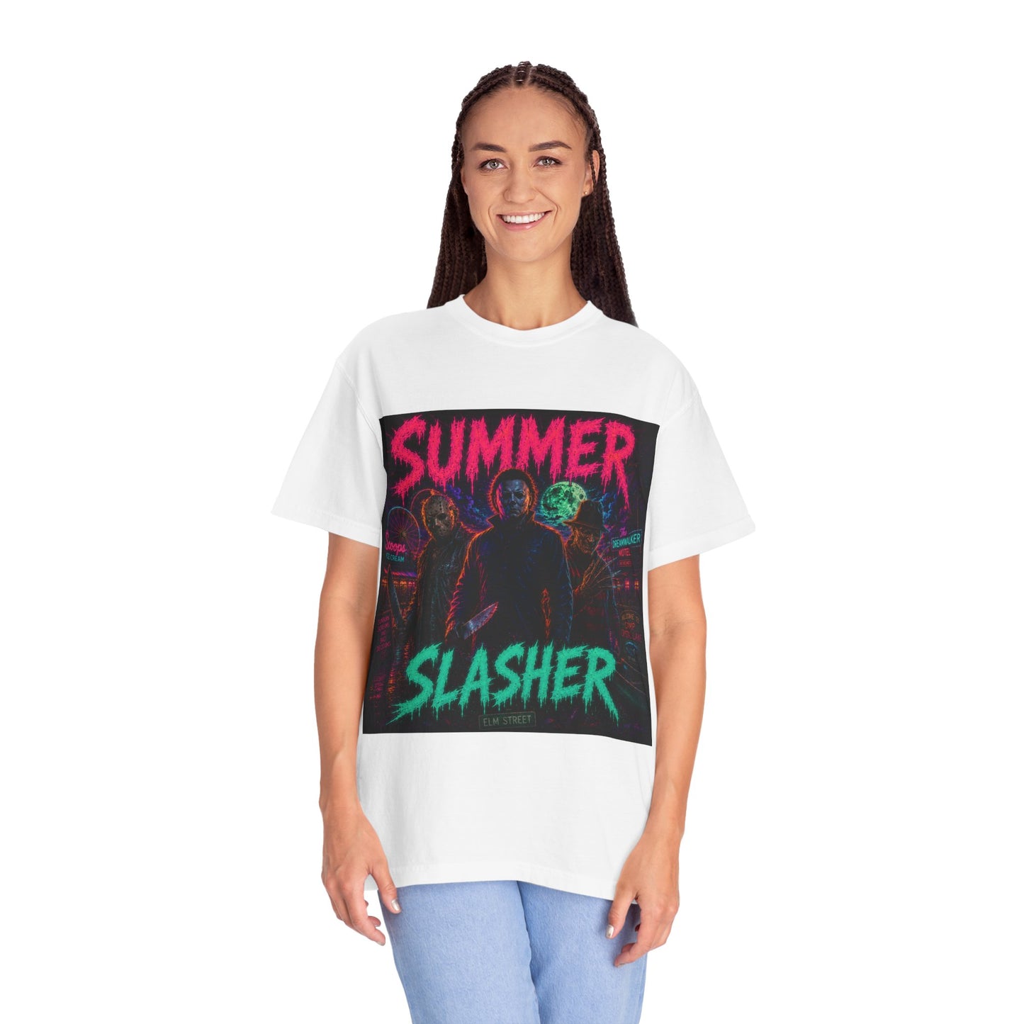 Summer Slasher Graphic T-Shirt — Retro Neon Horror Tee