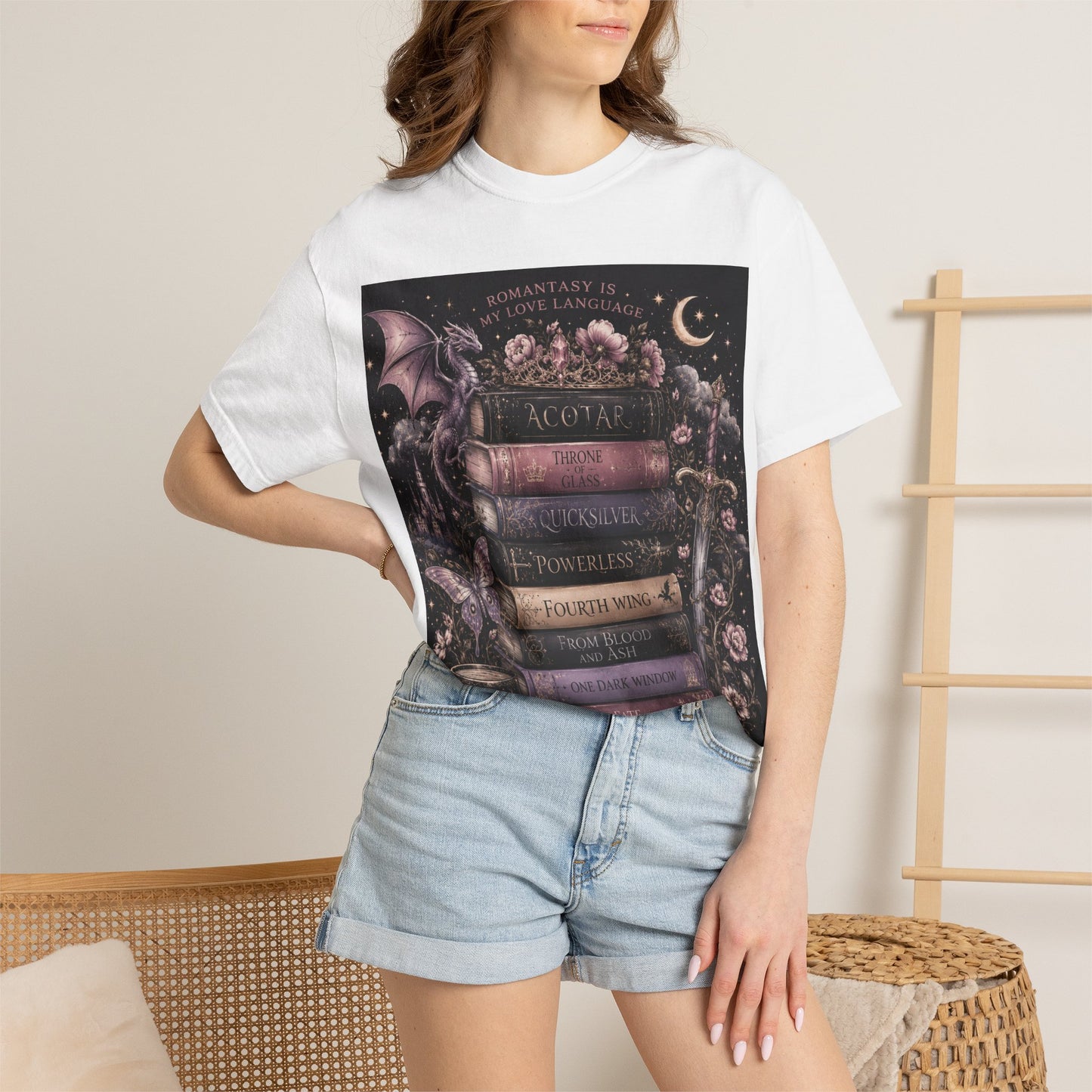 Romantasy Mystical Bookshelf T-Shirt —  Stacked Fantasy Book Tee