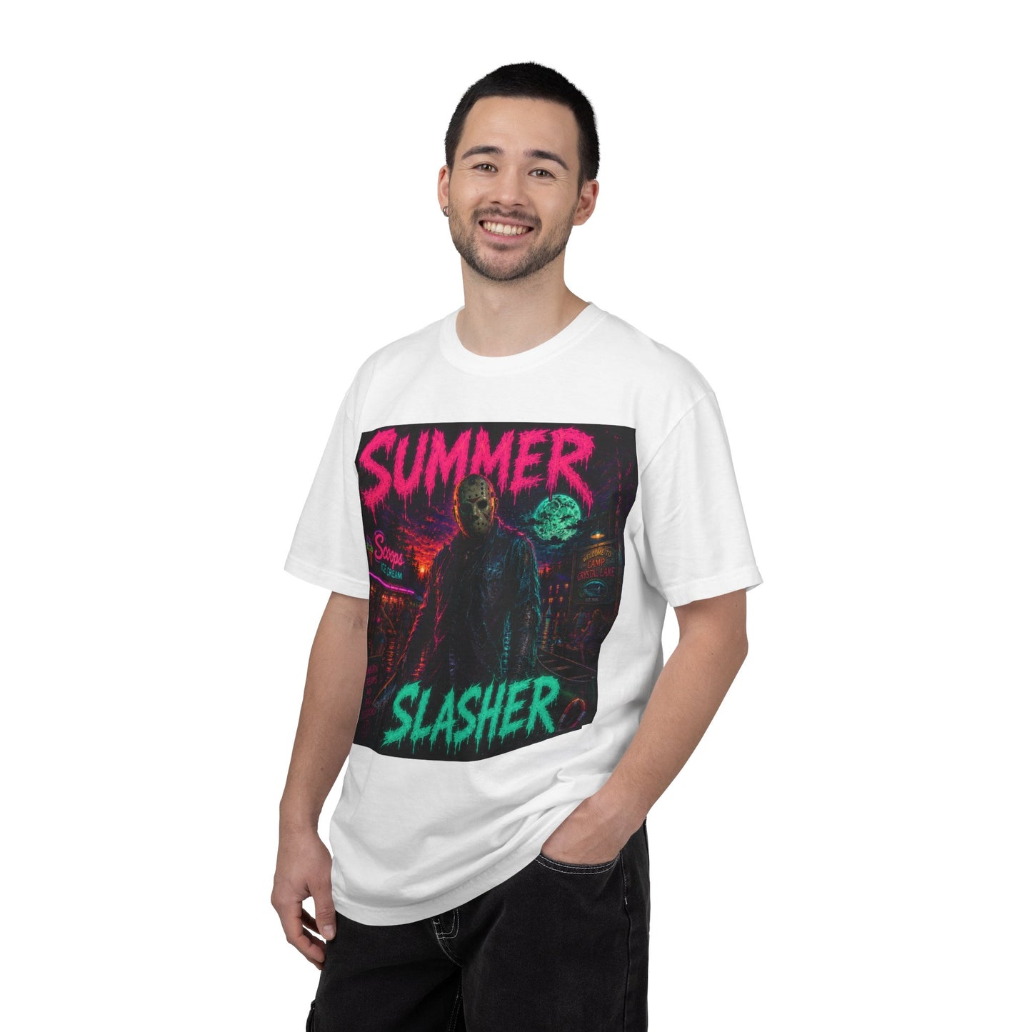 Summer Slasher T-Shirt Jason — Retro Neon Horror Graphic Tee