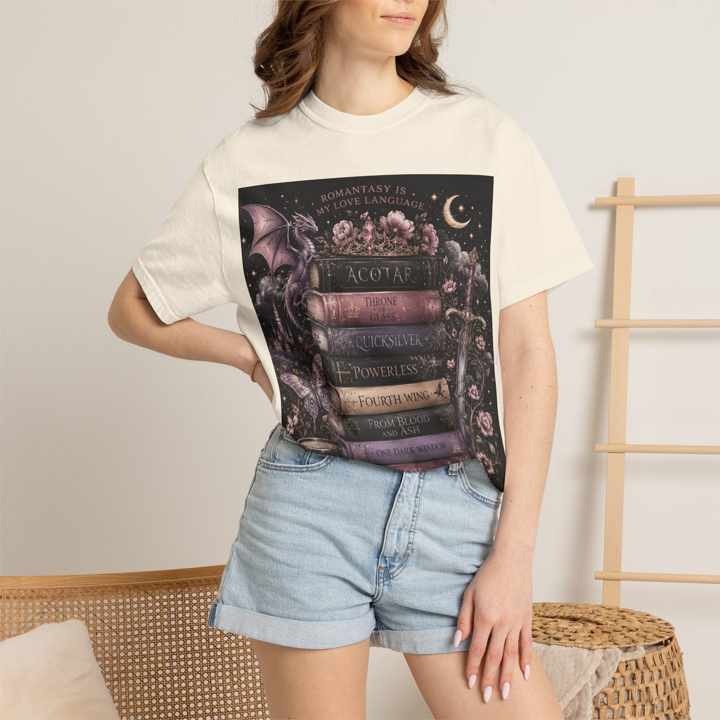 Romantasy Mystical Bookshelf T-Shirt —  Stacked Fantasy Book Tee