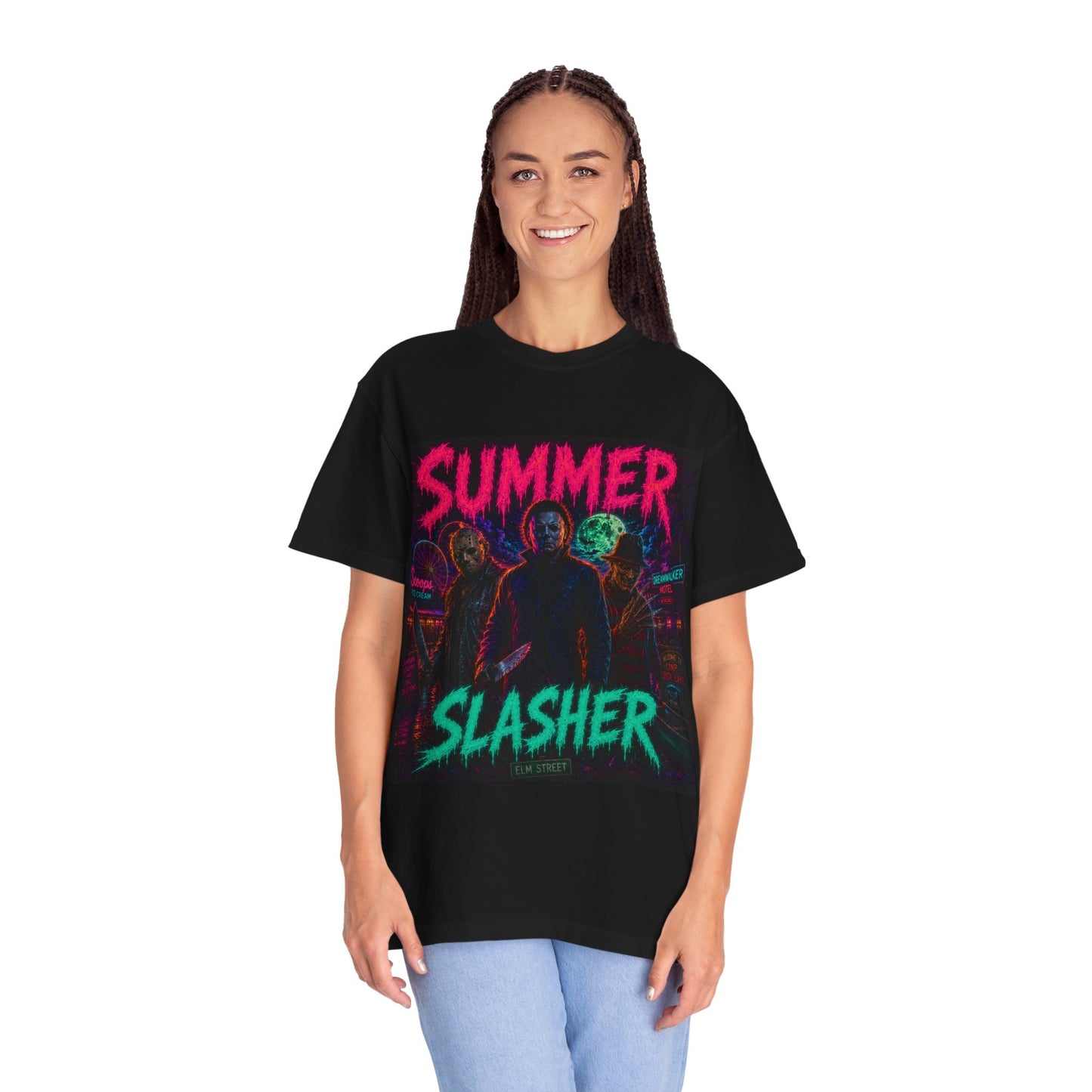 Summer Slasher Graphic T-Shirt — Retro Neon Horror Tee