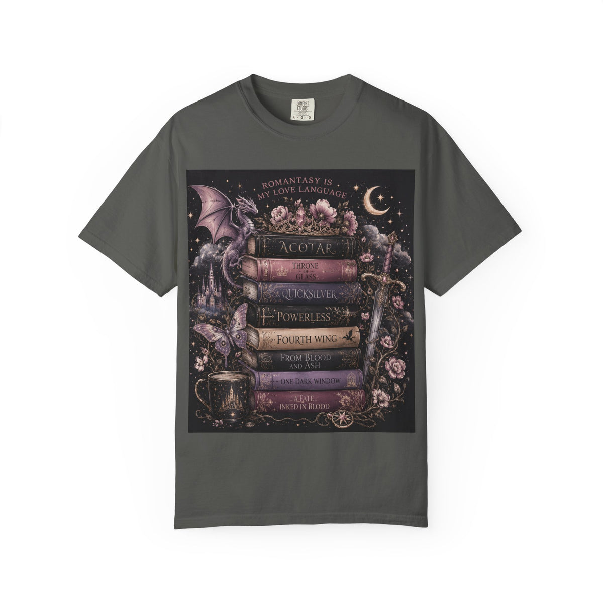 Romantasy Mystical Bookshelf T-Shirt —  Stacked Fantasy Book Tee