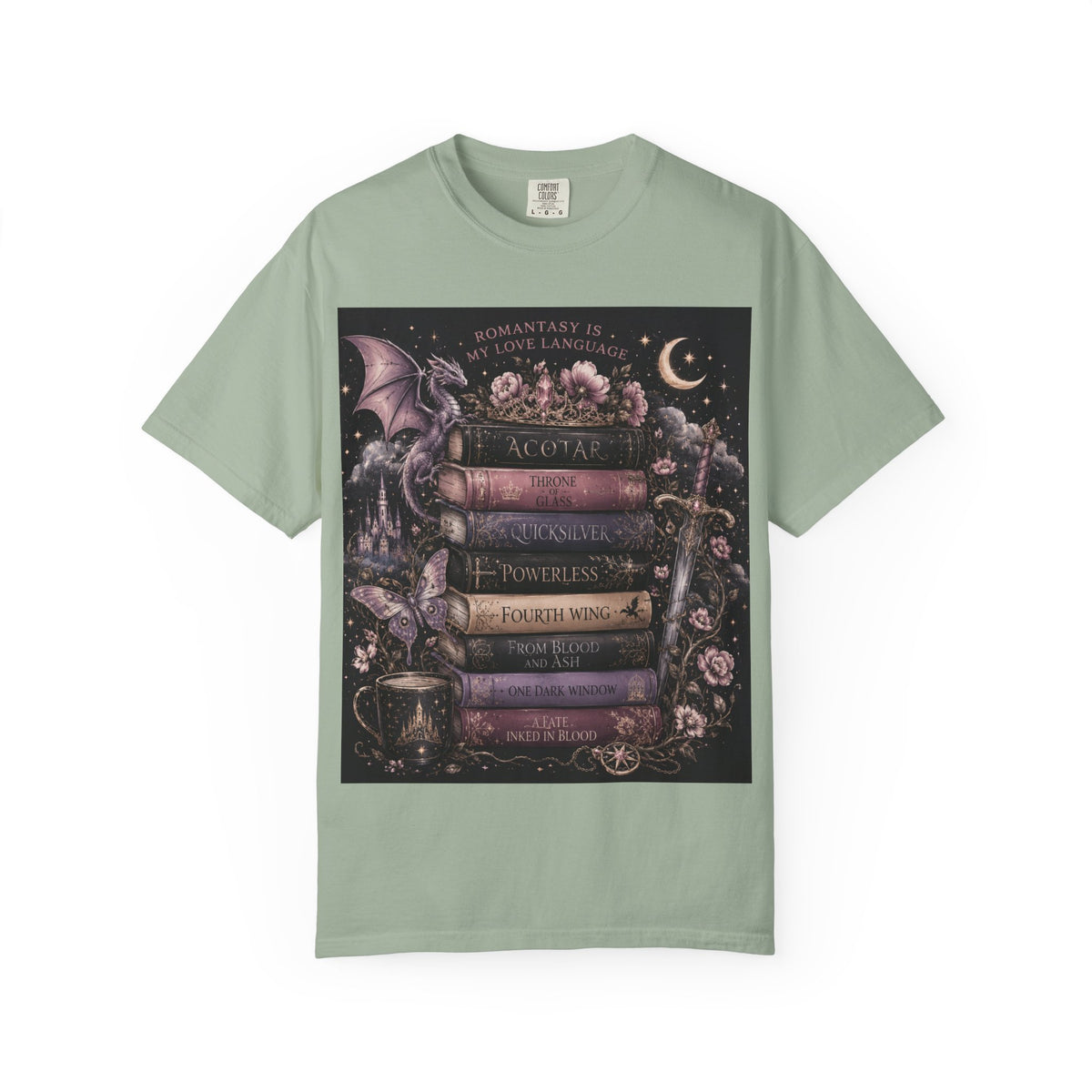 Romantasy Mystical Bookshelf T-Shirt —  Stacked Fantasy Book Tee