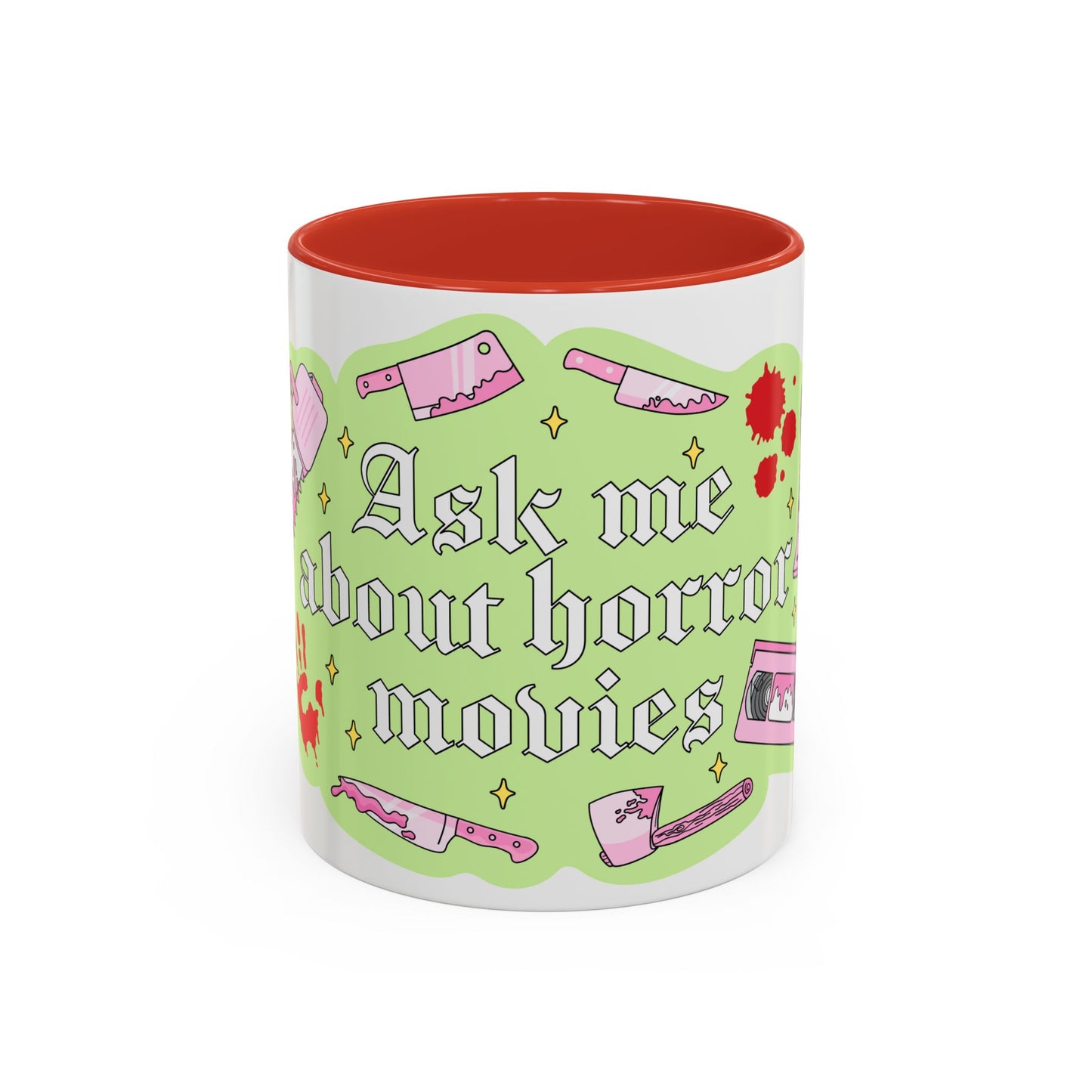 Ask Me About Horror Movies Mug — Retro Pink & Green Accent Coffee Mug (11/15oz)