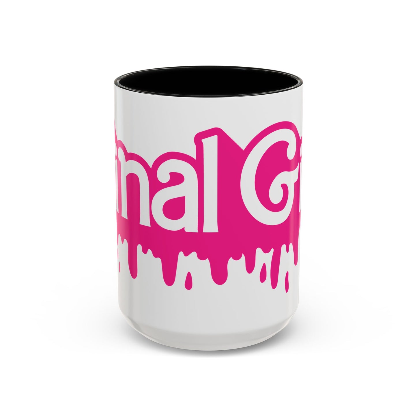 Drip 'Final Girl' Accent Coffee Mug — Pink Retro Script Ceramic (11/15oz)