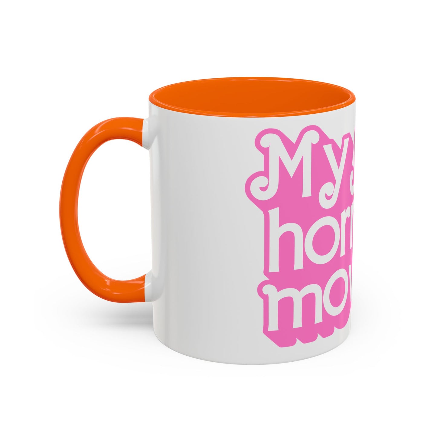 Accent Coffee Mug — "My Job Is Horror Movies" Pink Retro Text