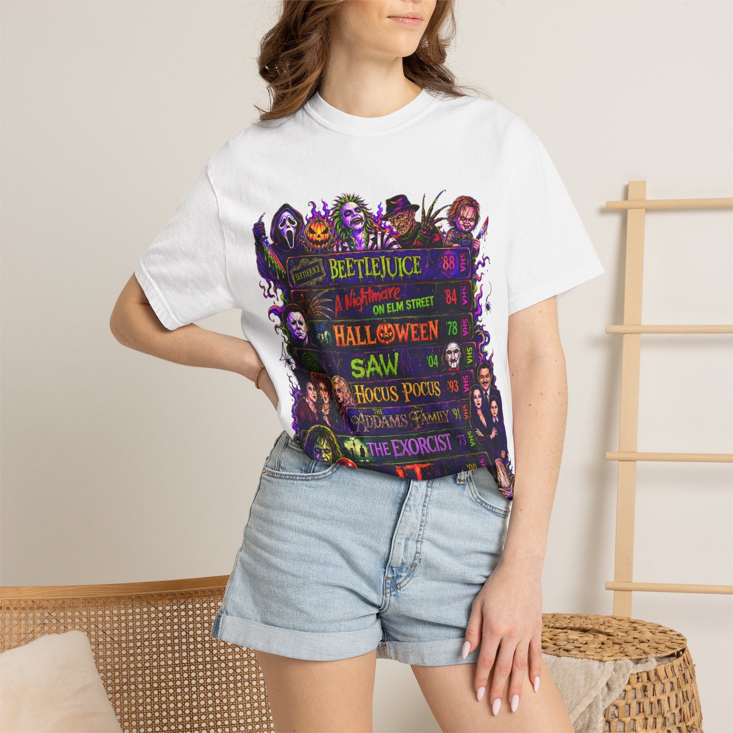 Halloween Horror Movies T-Shirt — Classic Scary Film Collage (Beetlejuice, Hocus Pocus, IT, Halloween)