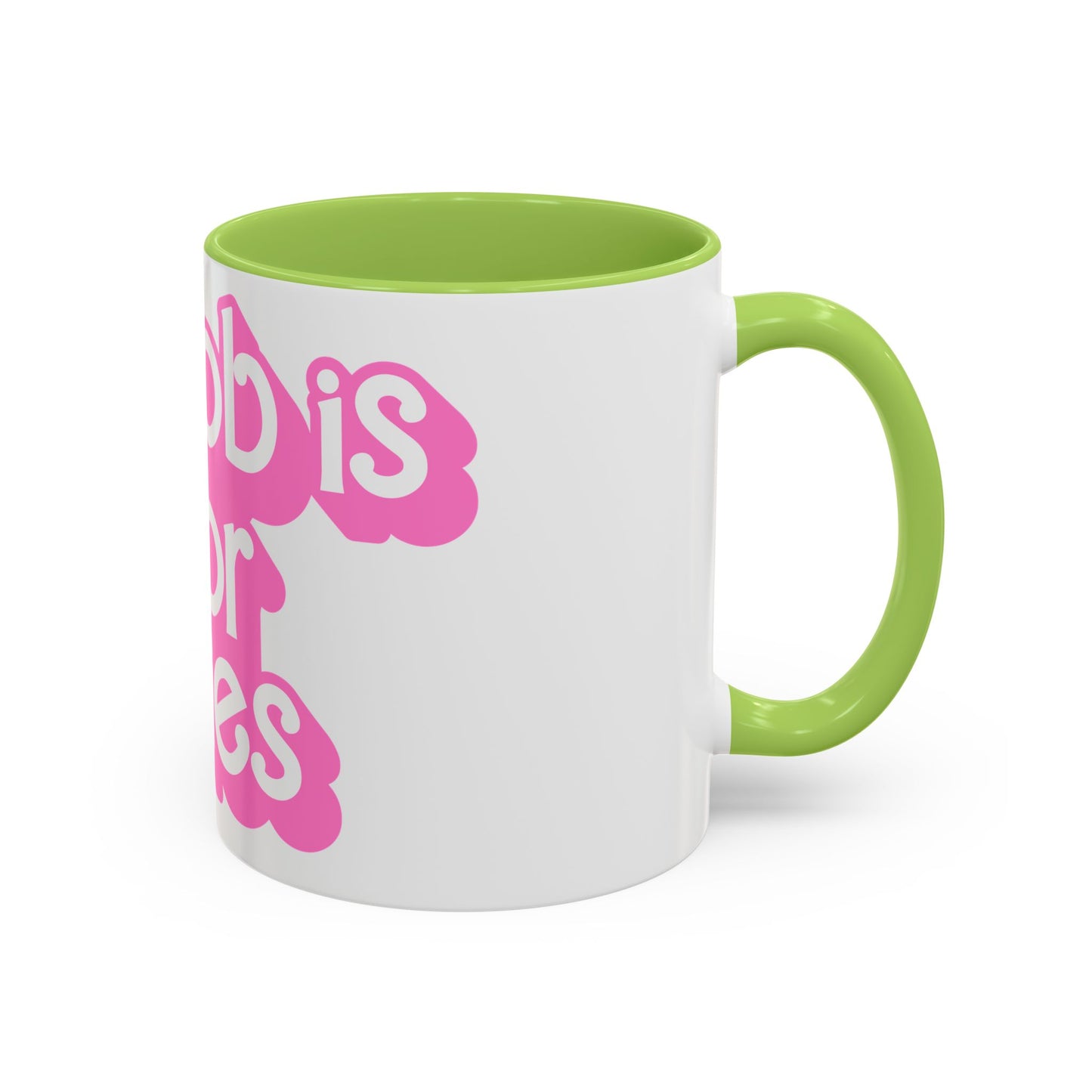 Accent Coffee Mug — "My Job Is Horror Movies" Pink Retro Text