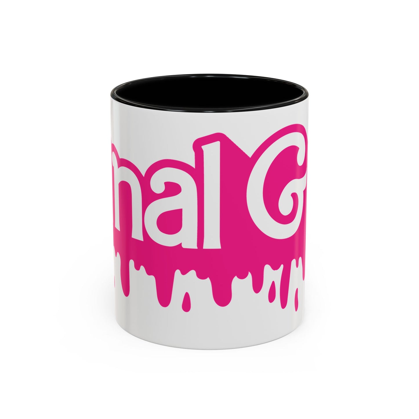 Drip 'Final Girl' Accent Coffee Mug — Pink Retro Script Ceramic (11/15oz)