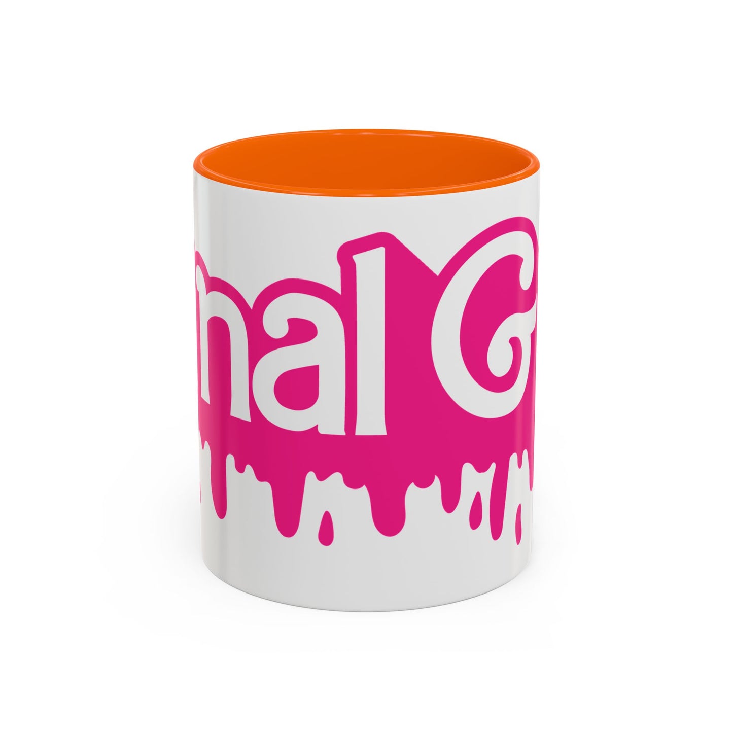 Drip 'Final Girl' Accent Coffee Mug — Pink Retro Script Ceramic (11/15oz)