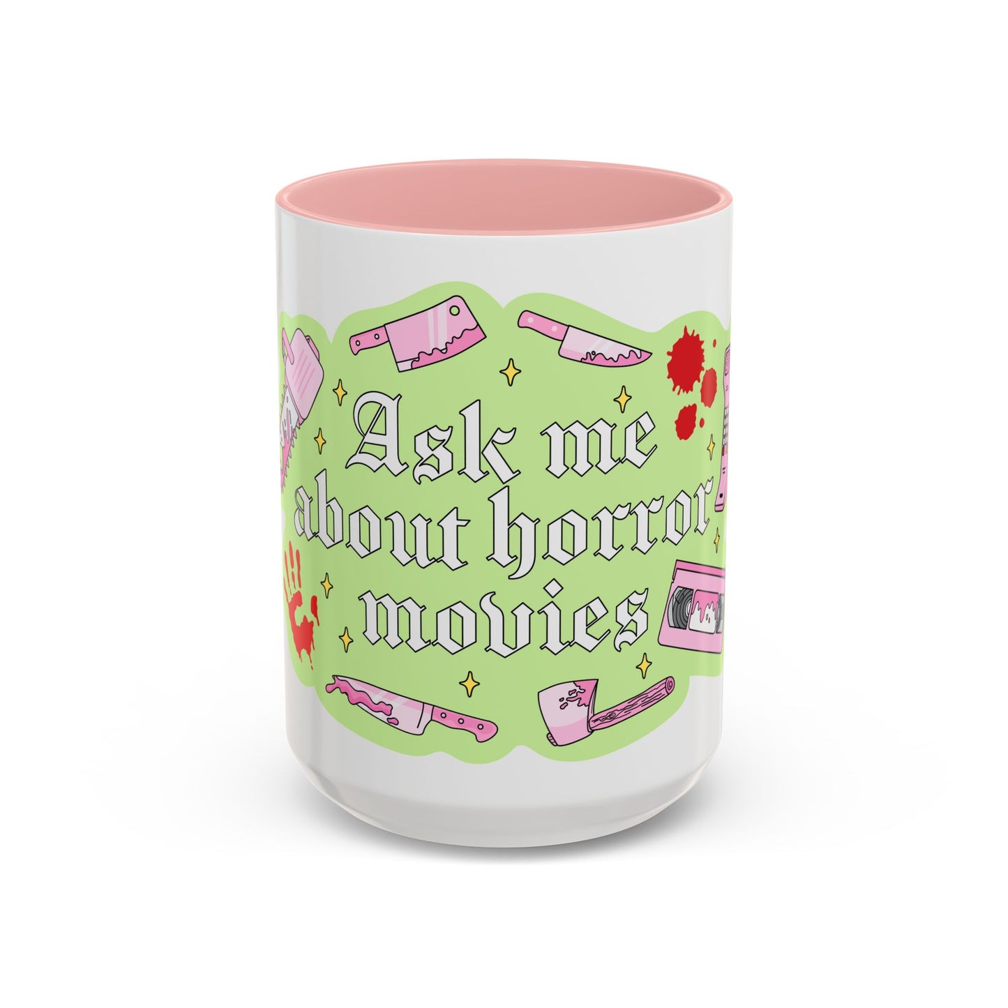 Ask Me About Horror Movies Mug — Retro Pink & Green Accent Coffee Mug (11/15oz)