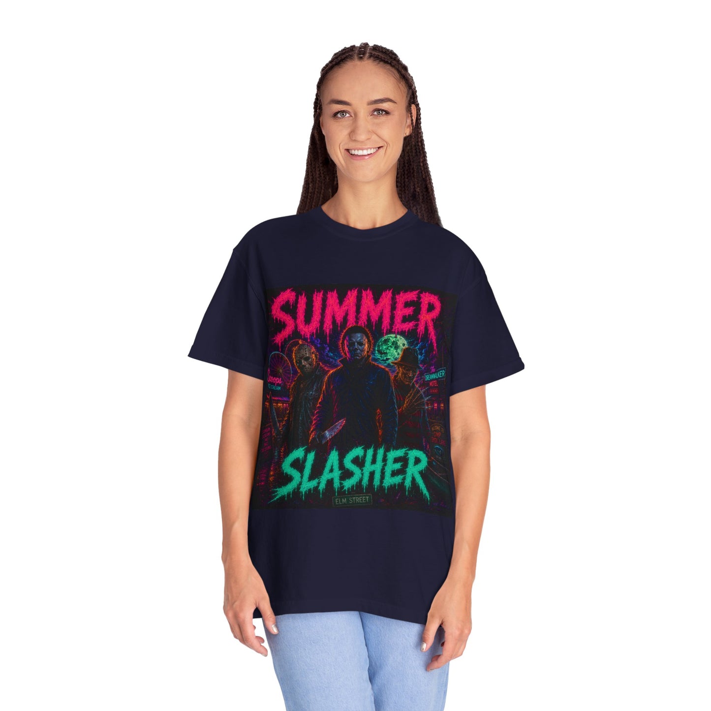 Summer Slasher Graphic T-Shirt — Retro Neon Horror Tee