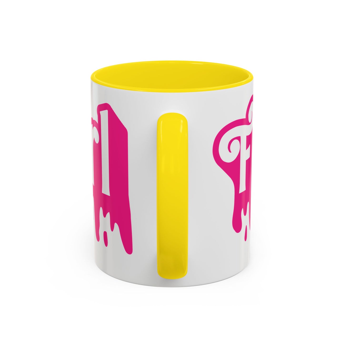 Drip 'Final Girl' Accent Coffee Mug — Pink Retro Script Ceramic (11/15oz)