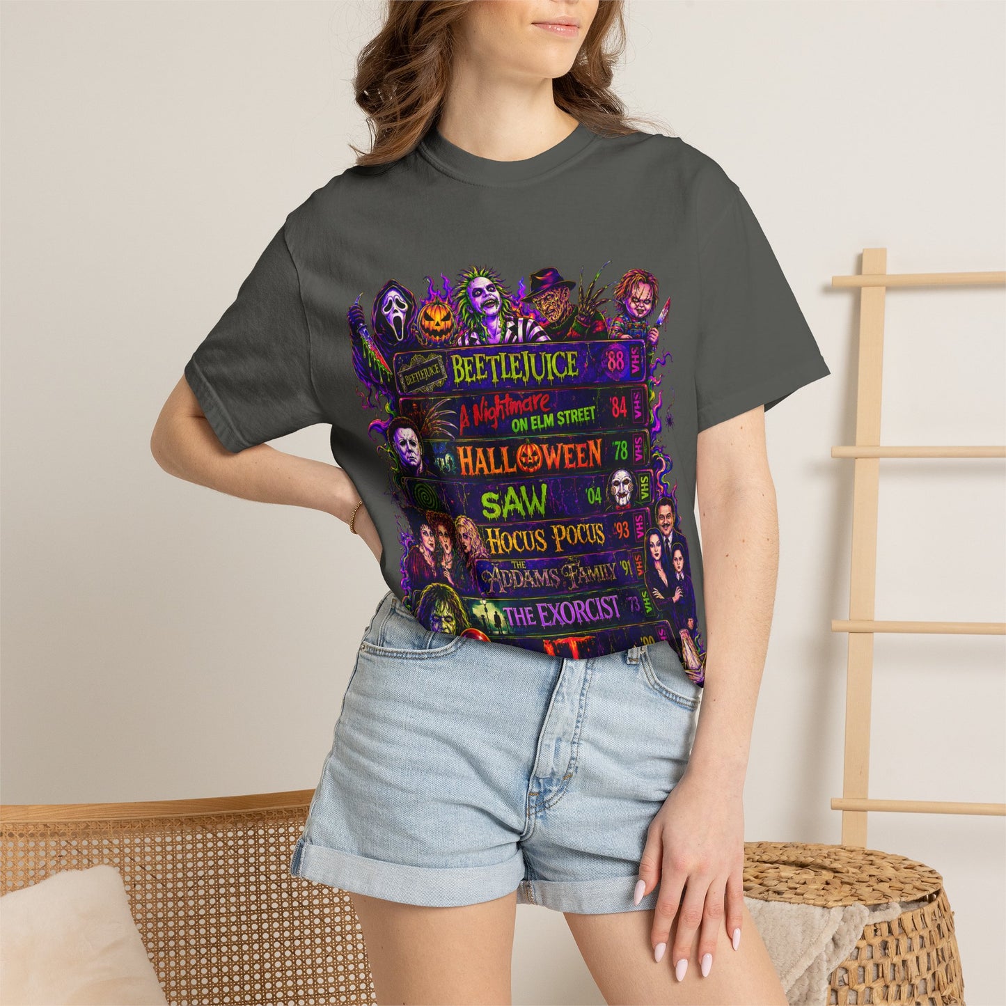 Halloween Horror Movies T-Shirt — Classic Scary Film Collage (Beetlejuice, Hocus Pocus, IT, Halloween)