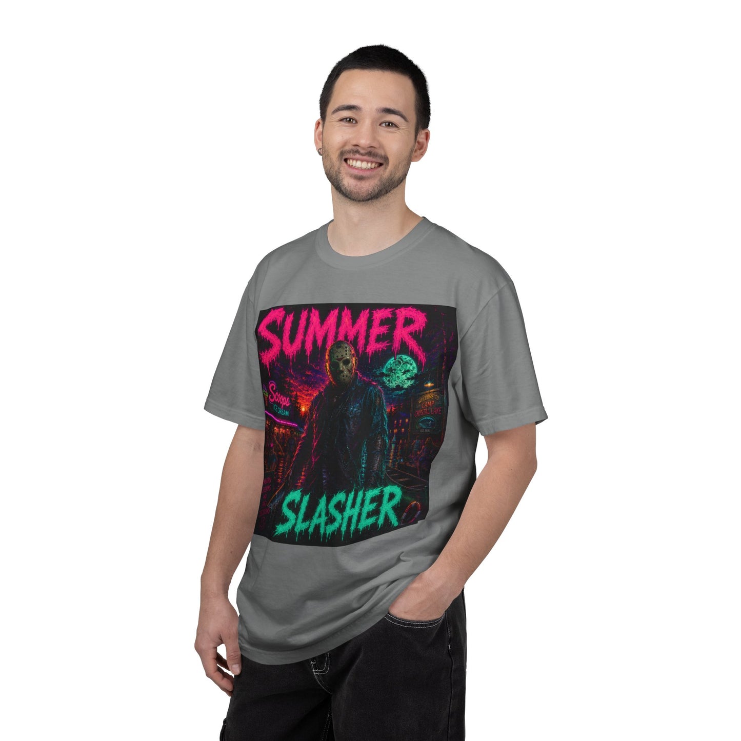 Summer Slasher T-Shirt Jason — Retro Neon Horror Graphic Tee