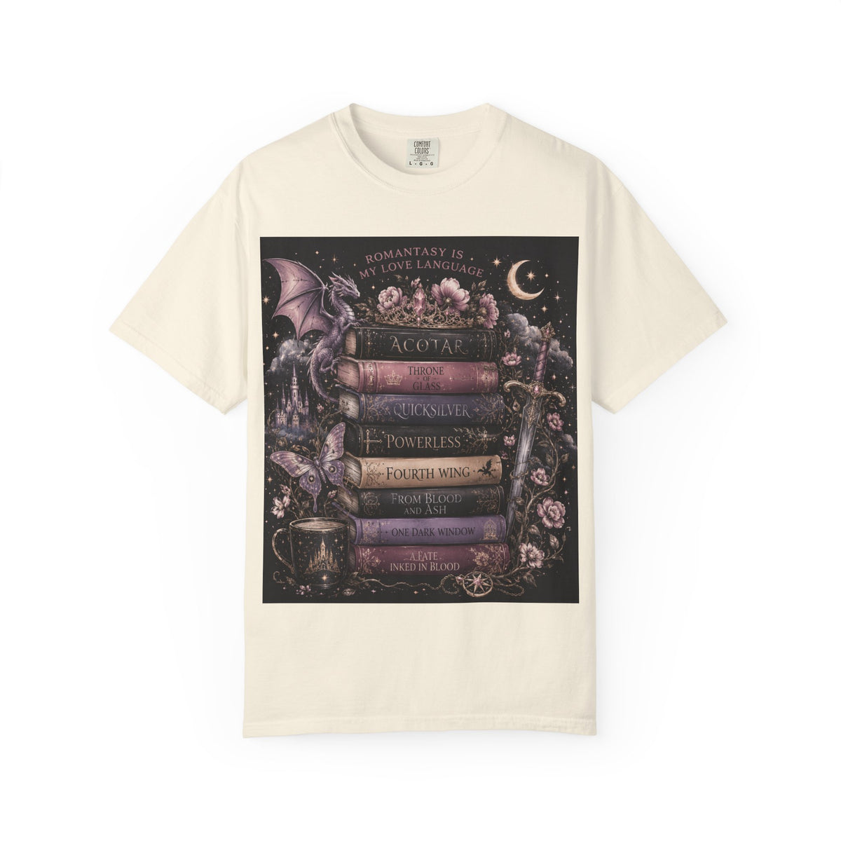 Romantasy Mystical Bookshelf T-Shirt —  Stacked Fantasy Book Tee