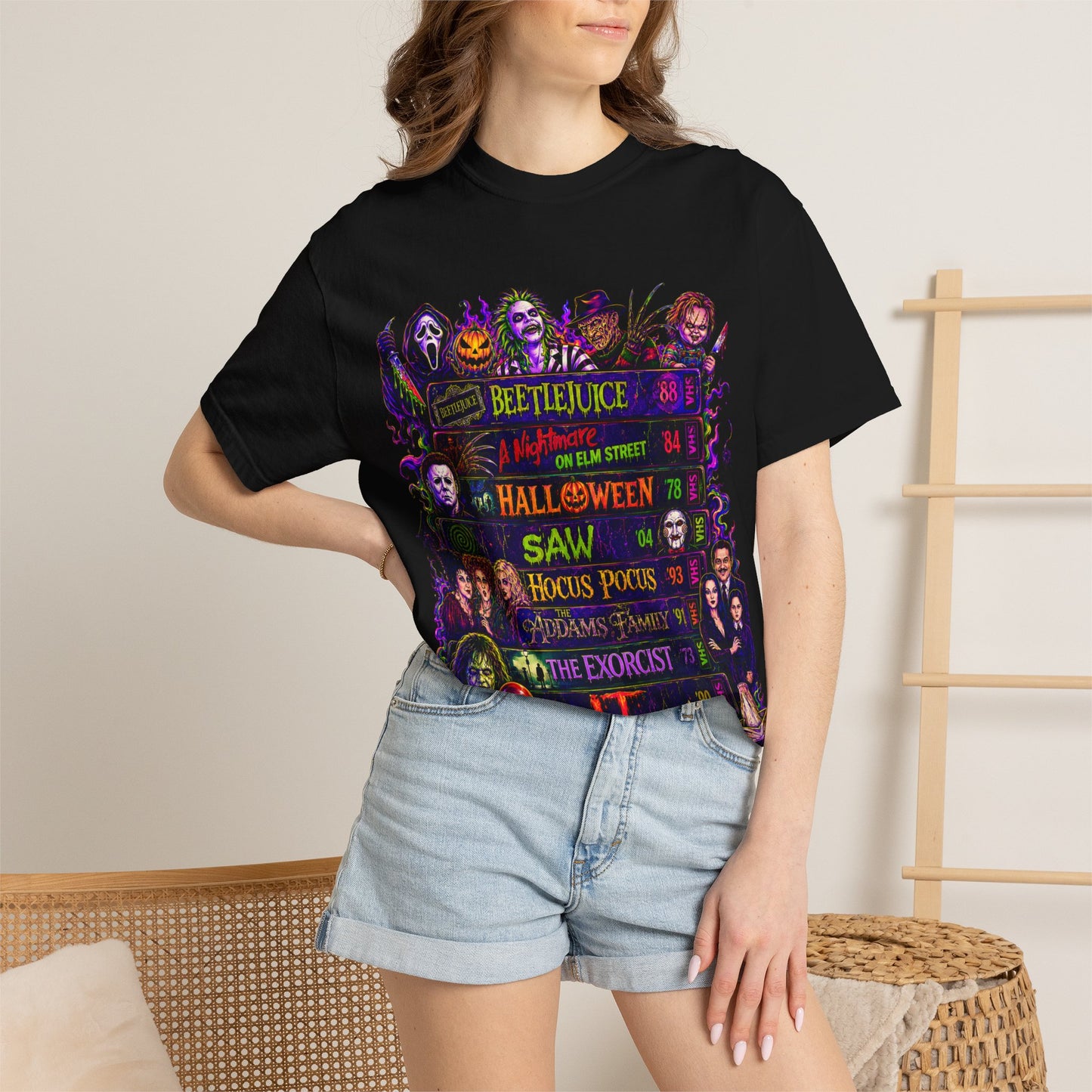Halloween Horror Movies T-Shirt — Classic Scary Film Collage (Beetlejuice, Hocus Pocus, IT, Halloween)