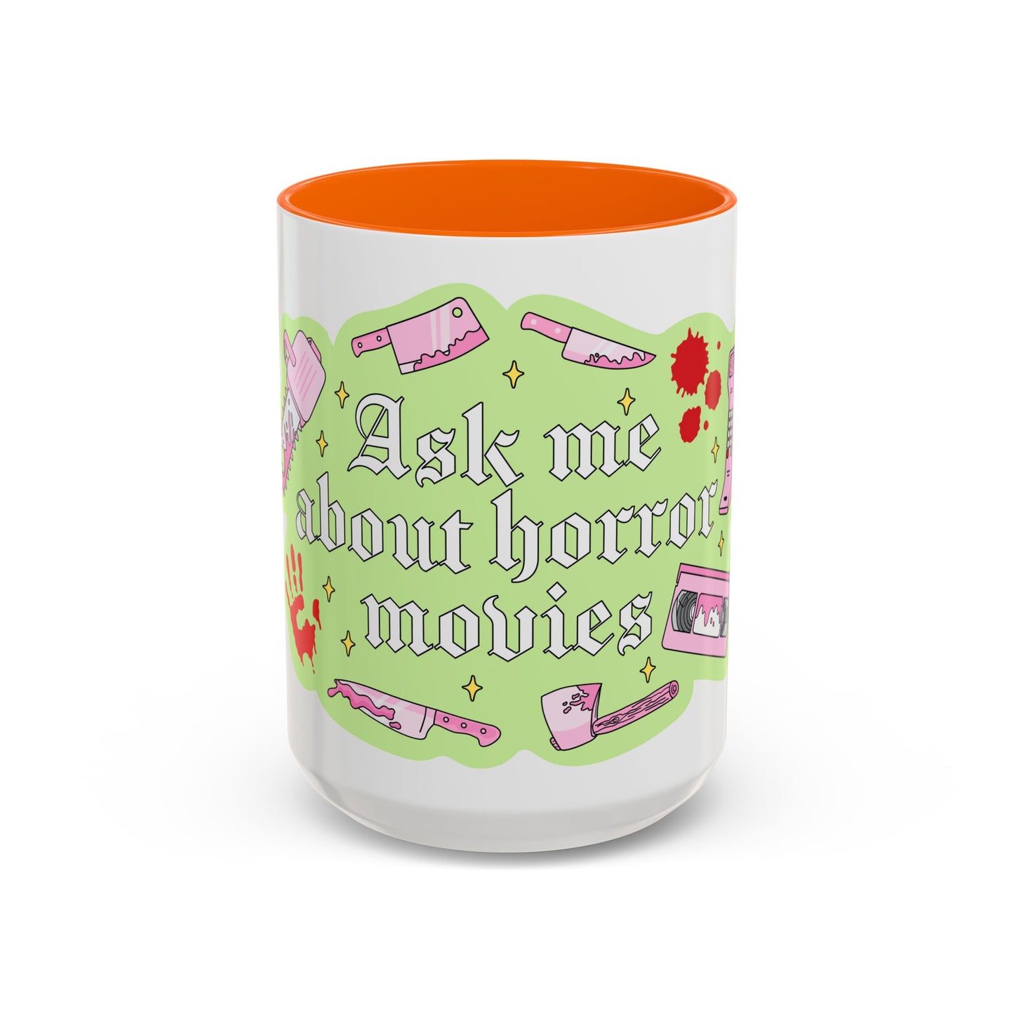 Ask Me About Horror Movies Mug — Retro Pink & Green Accent Coffee Mug (11/15oz)
