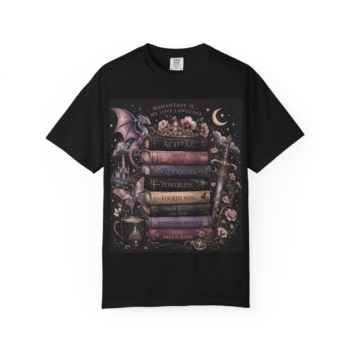Romantasy Mystical Bookshelf T-Shirt —  Stacked Fantasy Book Tee