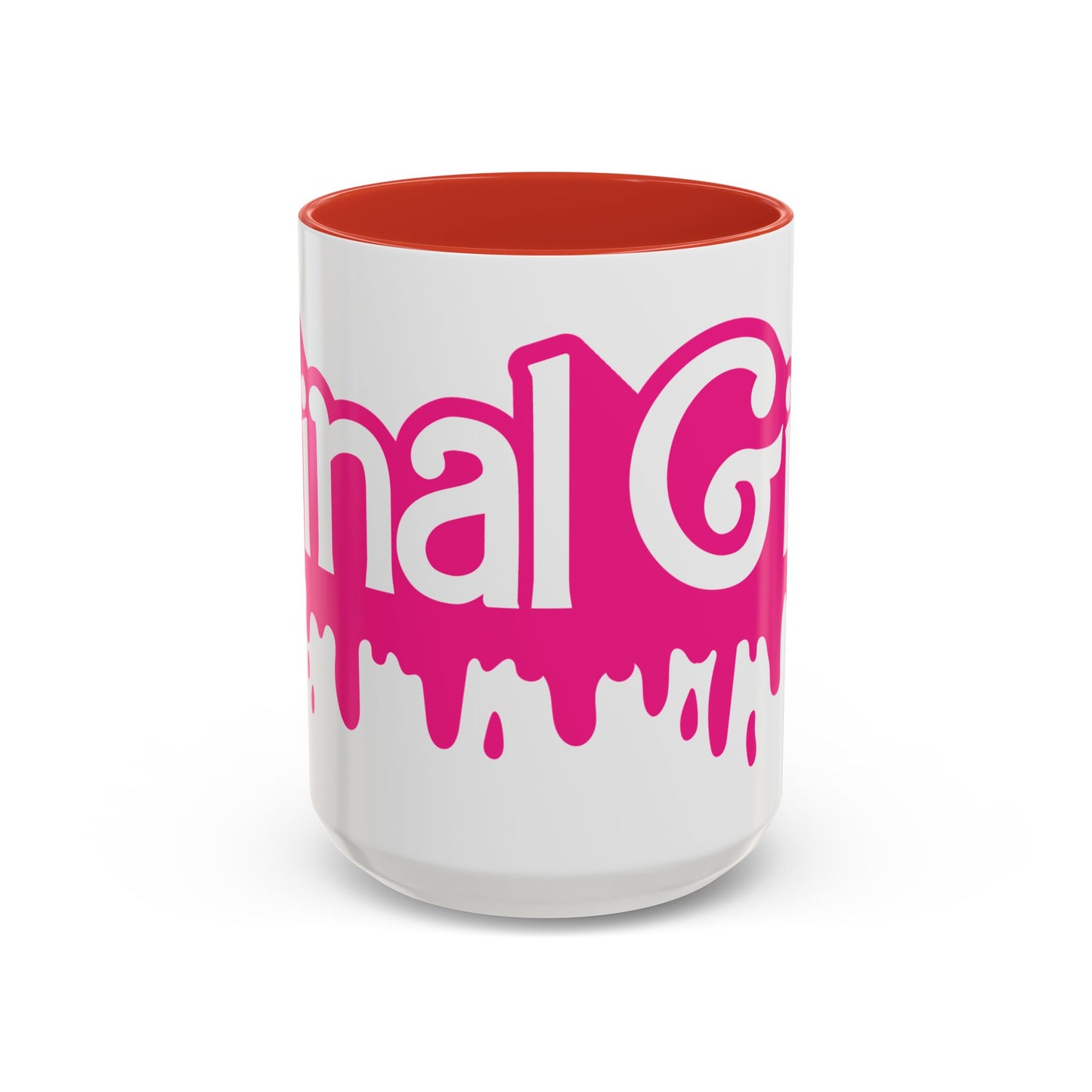 Drip 'Final Girl' Accent Coffee Mug — Pink Retro Script Ceramic (11/15oz)