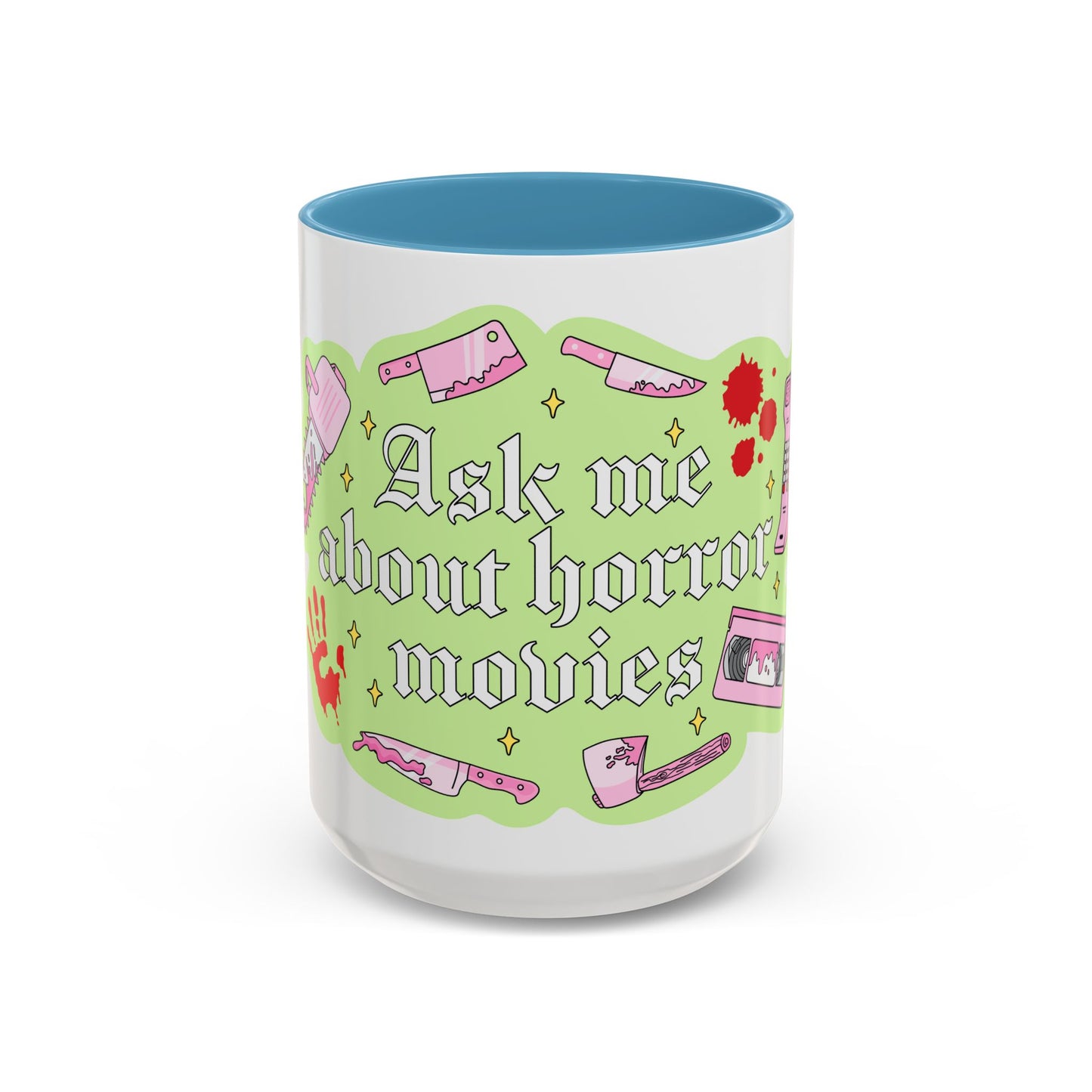 Ask Me About Horror Movies Mug — Retro Pink & Green Accent Coffee Mug (11/15oz)