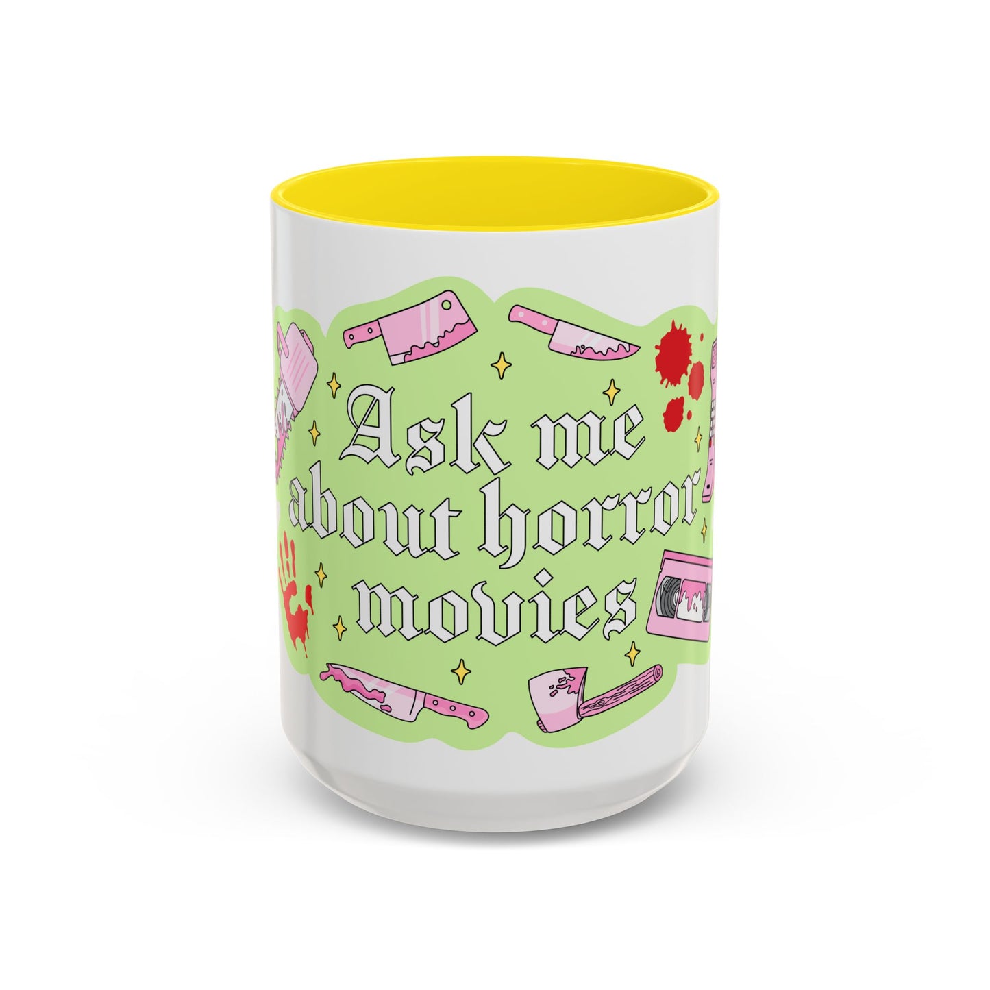 Ask Me About Horror Movies Mug — Retro Pink & Green Accent Coffee Mug (11/15oz)