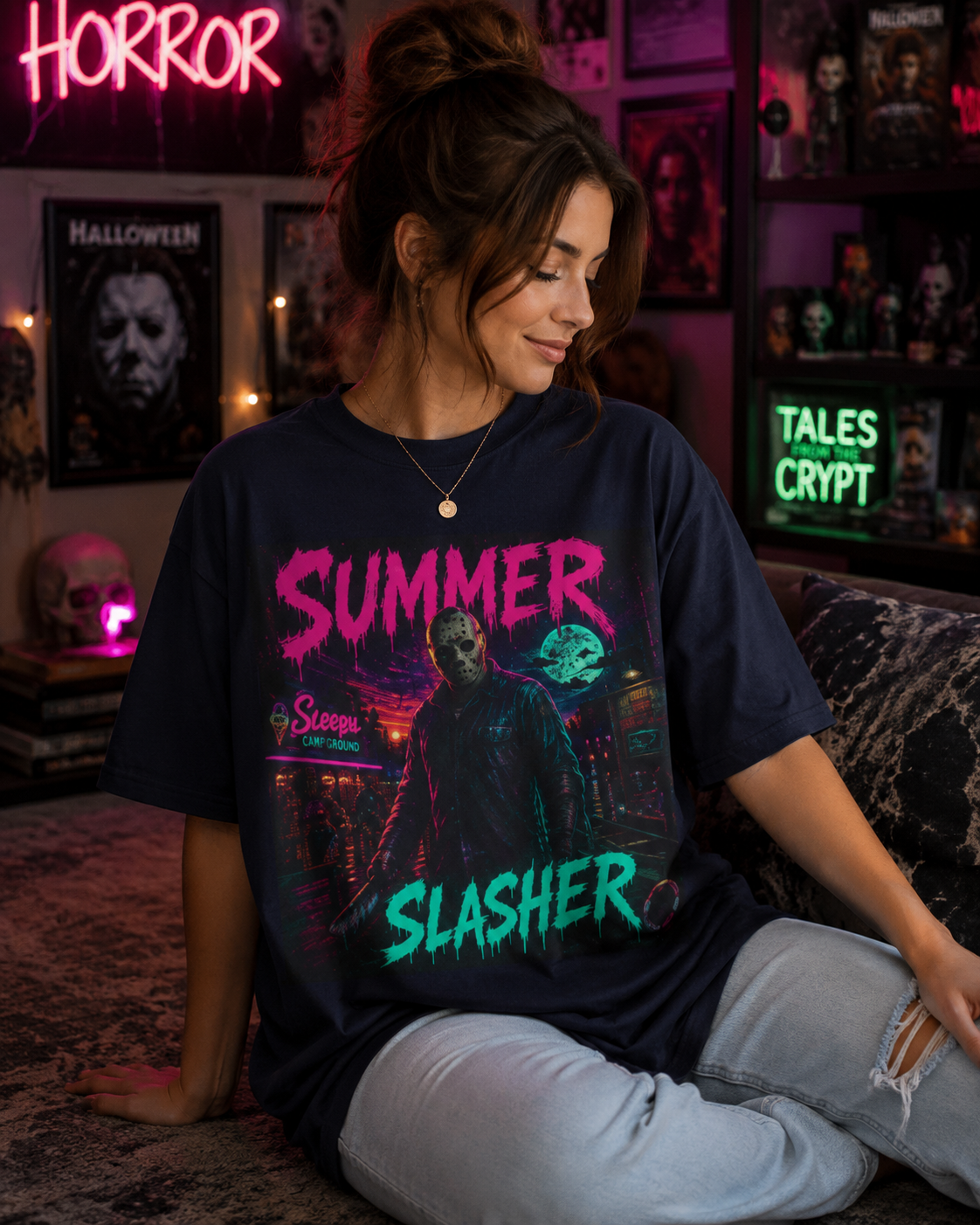 Summer Slasher T-Shirt Jason — Retro Neon Horror Graphic Tee