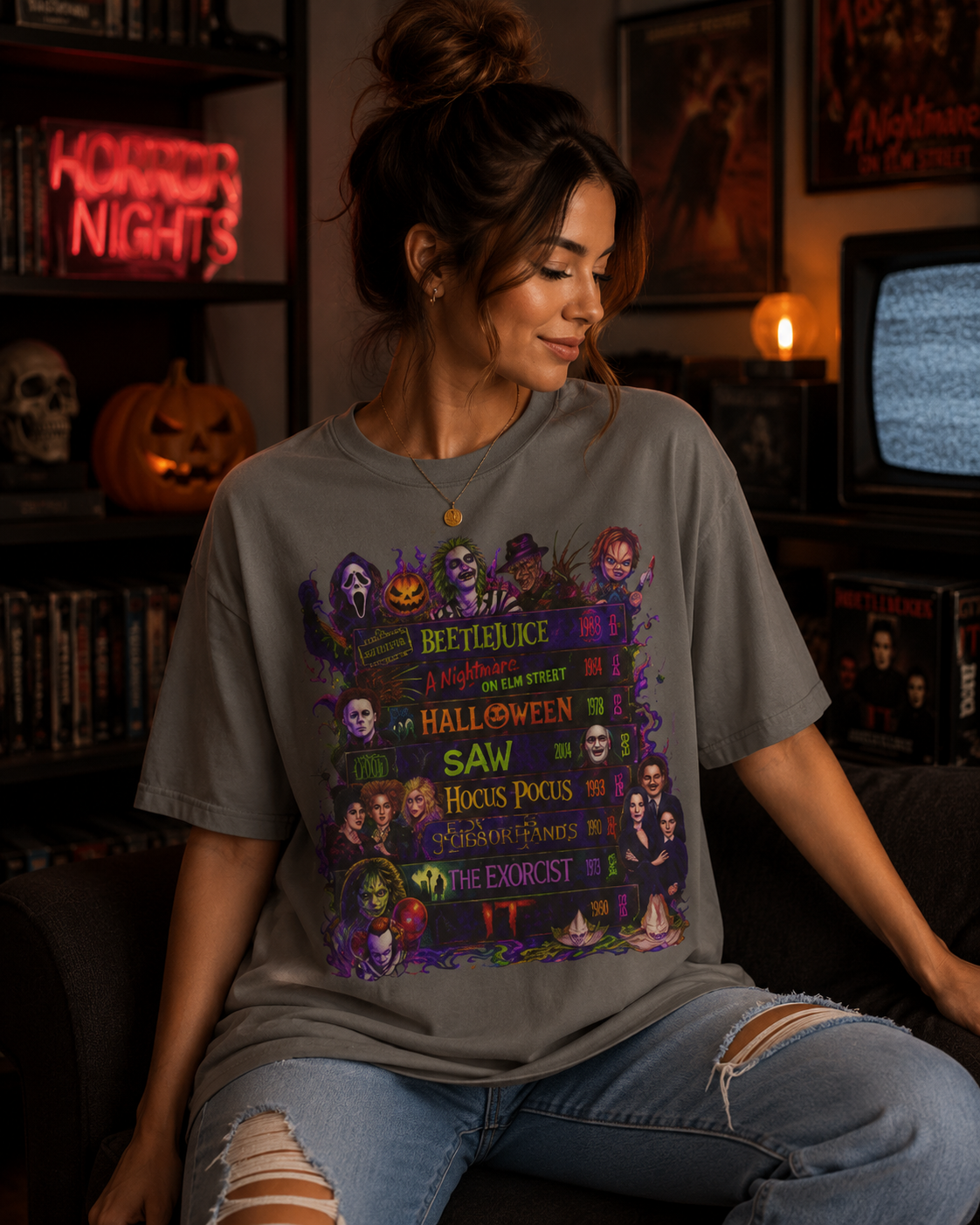 Halloween Horror Movies T-Shirt — Classic Scary Film Collage (Beetlejuice, Hocus Pocus, IT, Halloween)