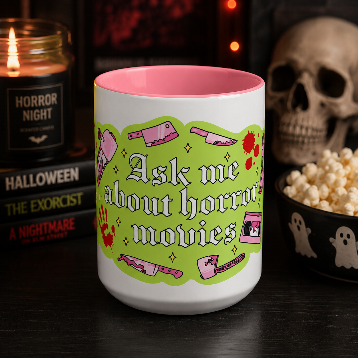 Ask Me About Horror Movies Mug — Retro Pink & Green Accent Coffee Mug (11/15oz)
