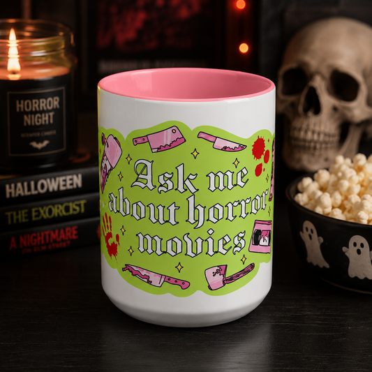 Ask Me About Horror Movies Mug — Retro Pink & Green Accent Coffee Mug (11/15oz)
