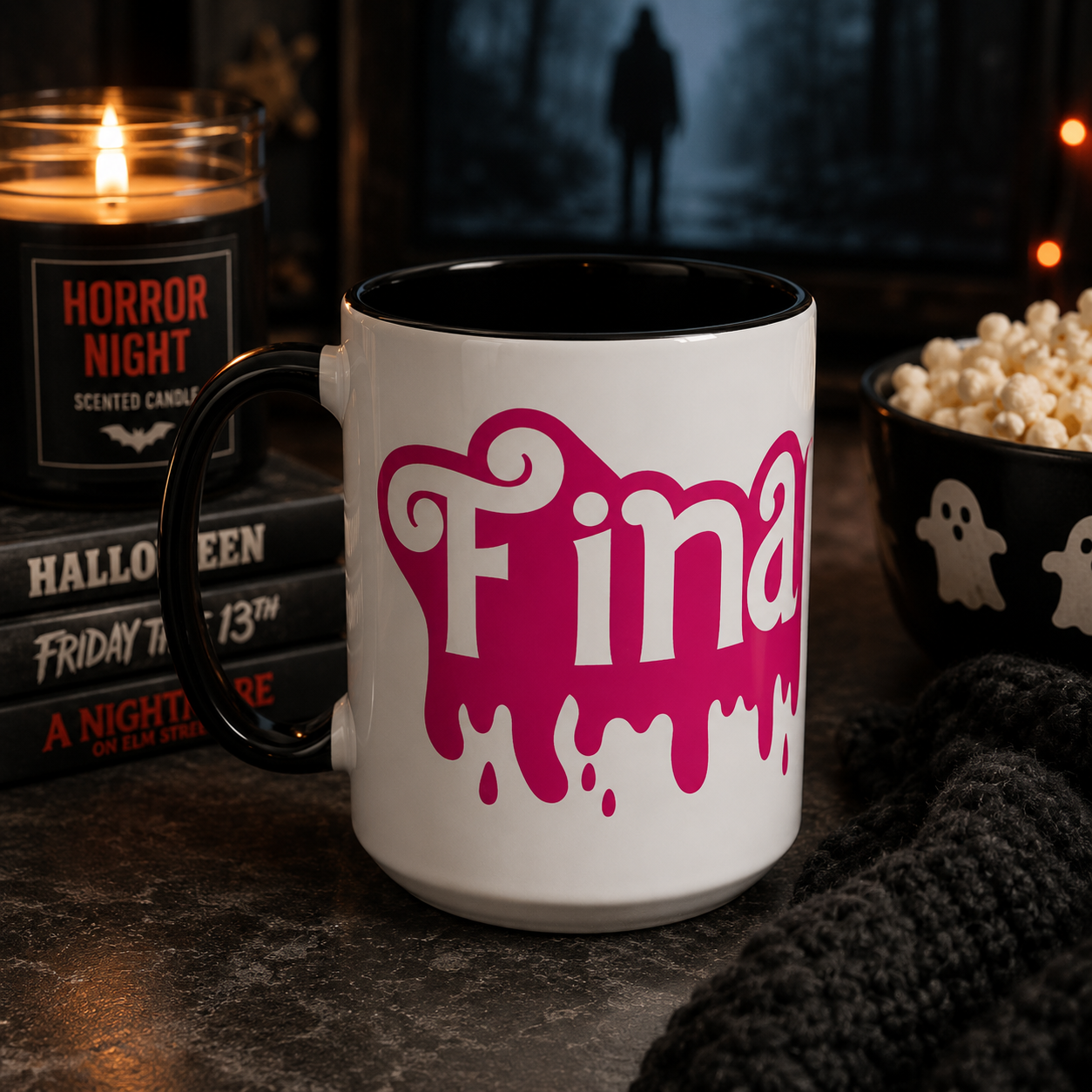 Drip 'Final Girl' Accent Coffee Mug — Pink Retro Script Ceramic (11/15oz)