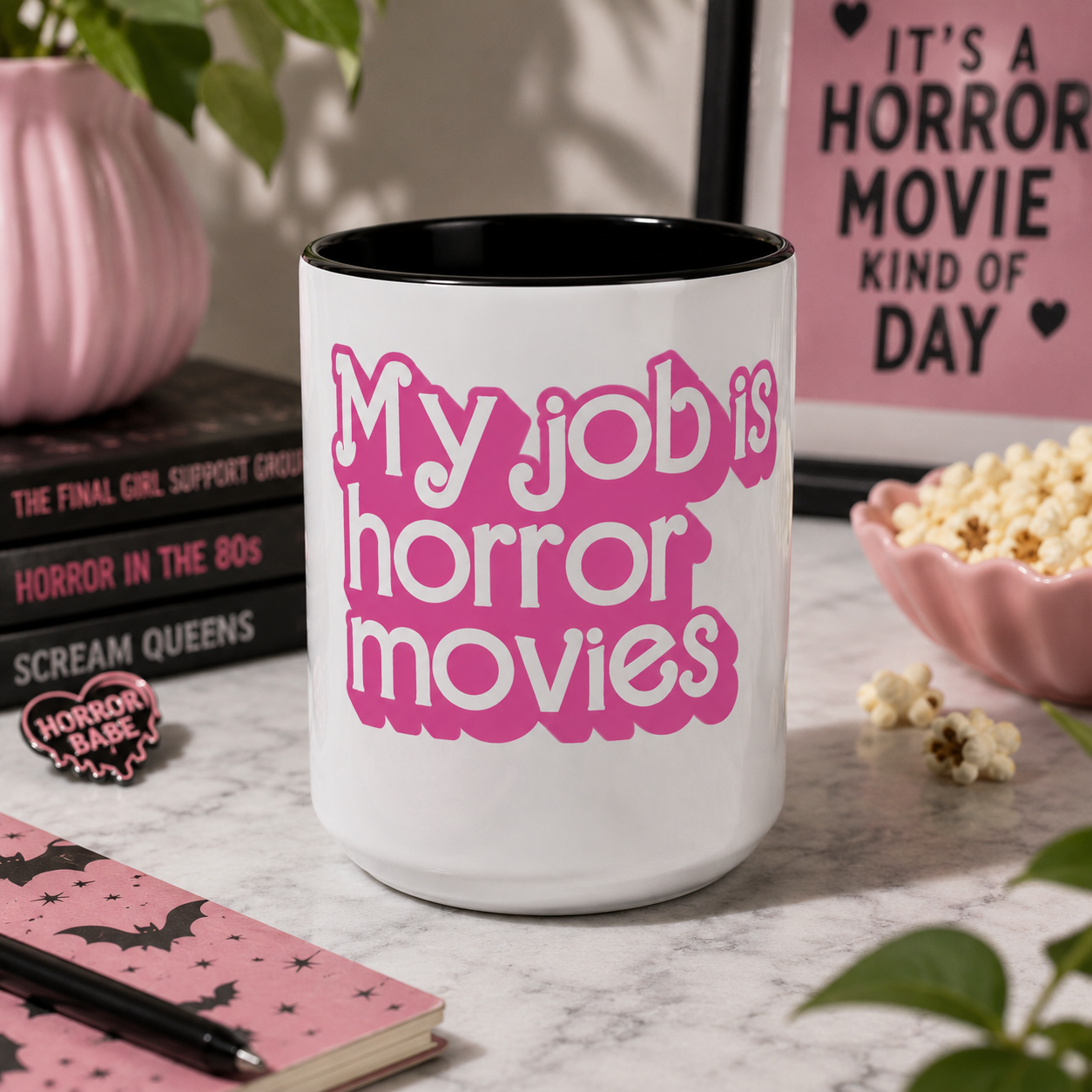Accent Coffee Mug — "My Job Is Horror Movies" Pink Retro Text