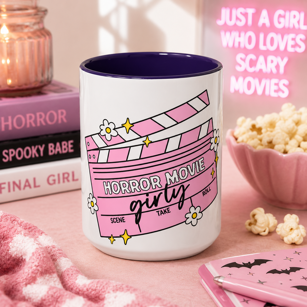 Horror Movie Girly Accent Coffee Mug – Pink Clapperboard Design (11/15oz)