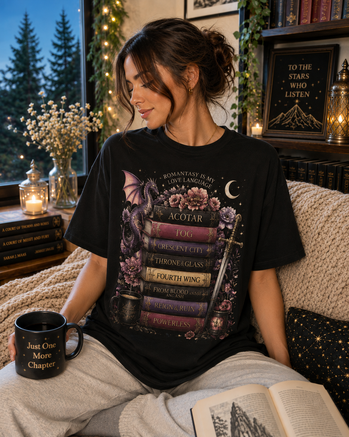 Romantasy Mystical Bookshelf T-Shirt —  Stacked Fantasy Book Tee