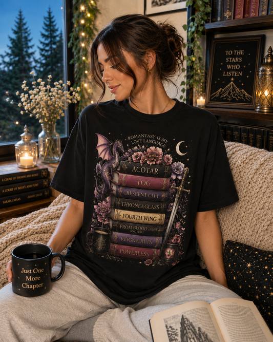 Romantasy Mystical Bookshelf T-Shirt —  Stacked Fantasy Book Tee