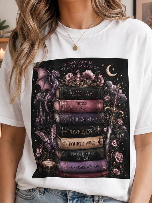 Romantasy Mystical Bookshelf T-Shirt —  Stacked Fantasy Book Tee