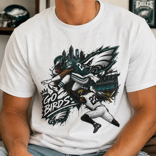 Saquon Barkley #26 Philadelphia Eagles Reverse Hurdle “Go Birds” Graphic Tee