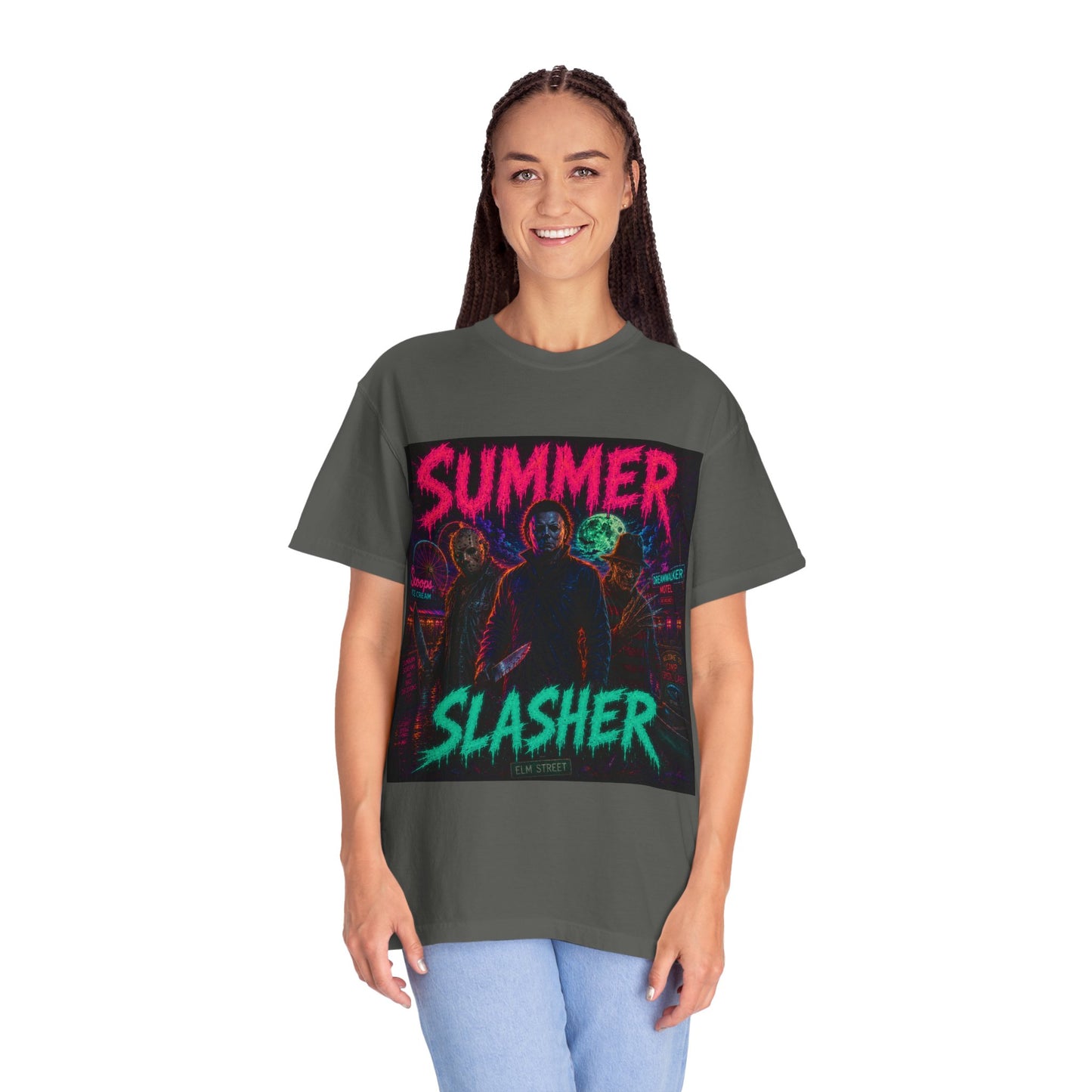 Summer Slasher Graphic T-Shirt — Retro Neon Horror Tee
