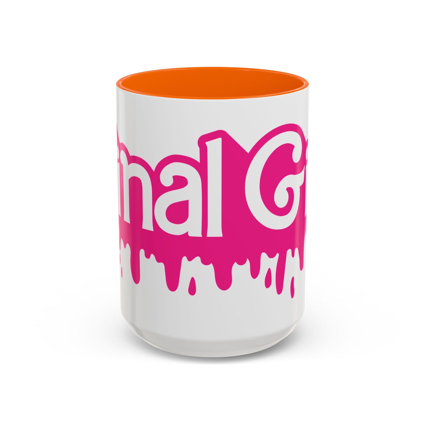 Drip 'Final Girl' Accent Coffee Mug — Pink Retro Script Ceramic (11/15oz)
