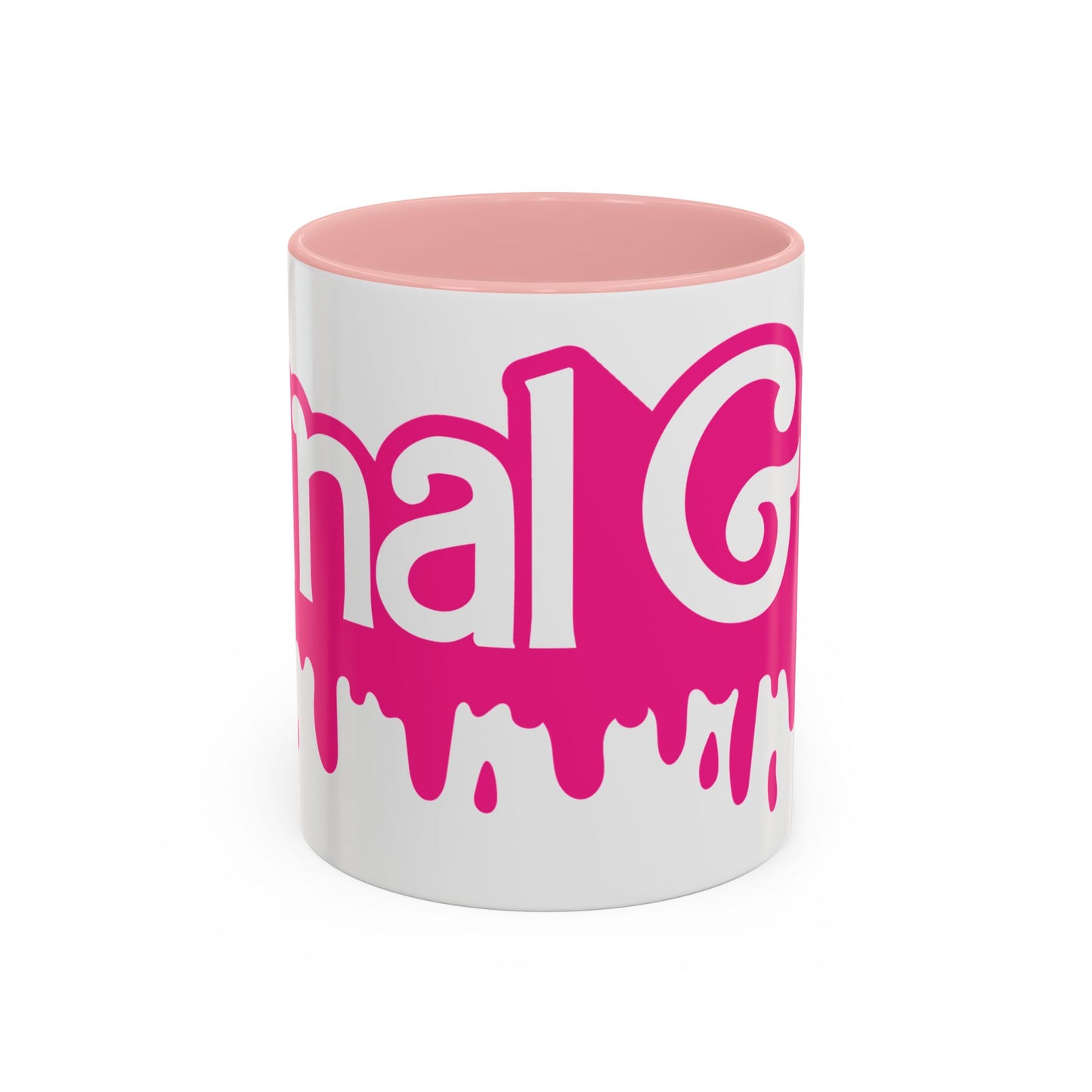 Drip 'Final Girl' Accent Coffee Mug — Pink Retro Script Ceramic (11/15oz)