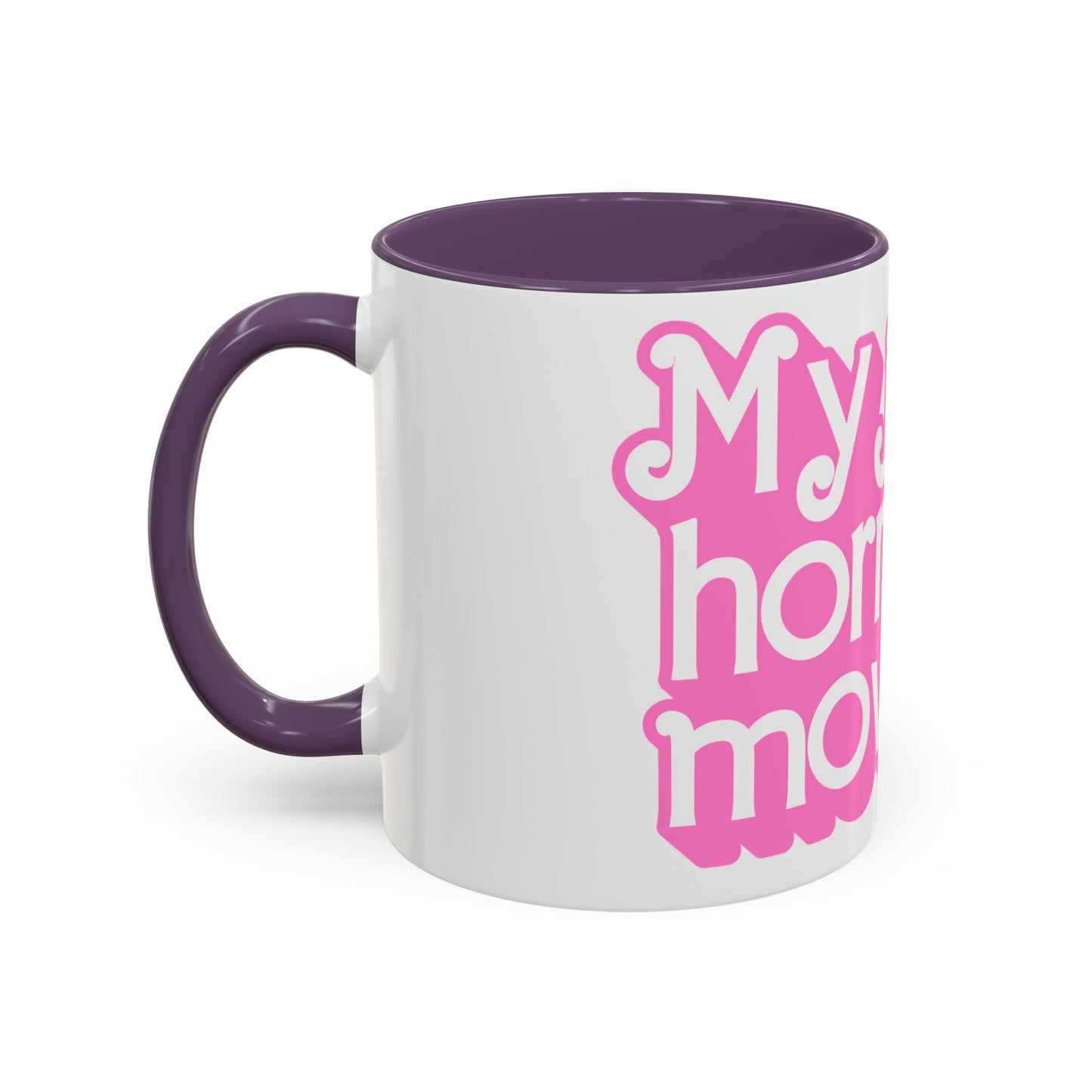 Accent Coffee Mug — "My Job Is Horror Movies" Pink Retro Text