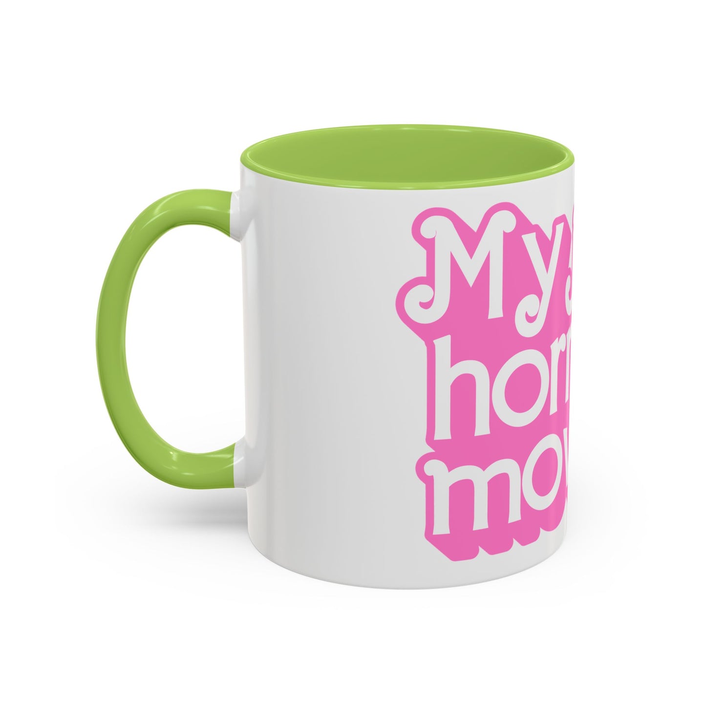 Accent Coffee Mug — "My Job Is Horror Movies" Pink Retro Text