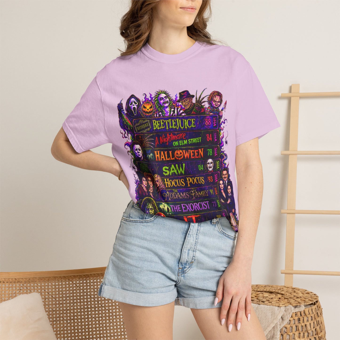 Halloween Horror Movies T-Shirt — Classic Scary Film Collage (Beetlejuice, Hocus Pocus, IT, Halloween)